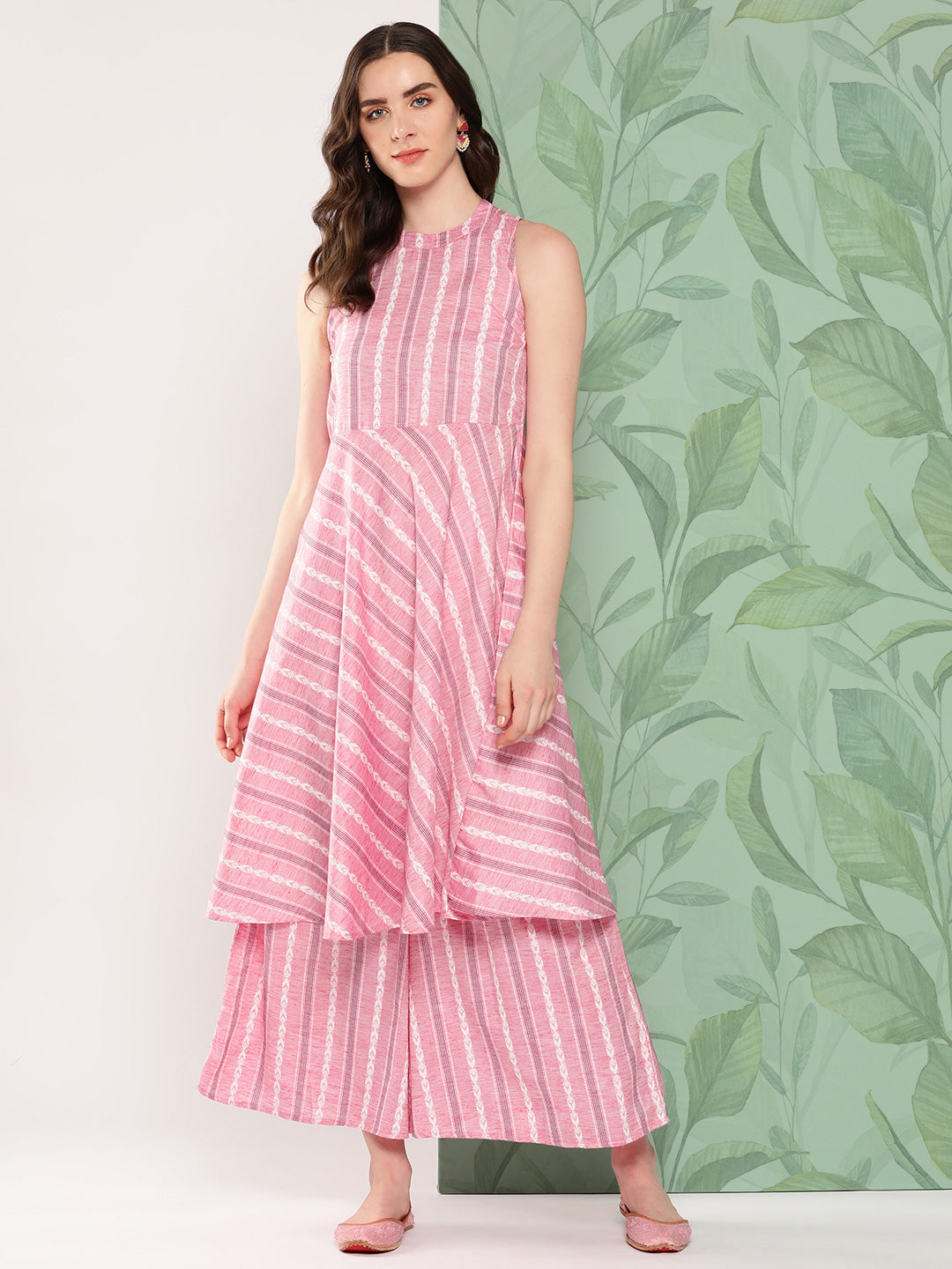 InWeave Women's Pink Kantha Striped Kurta Set