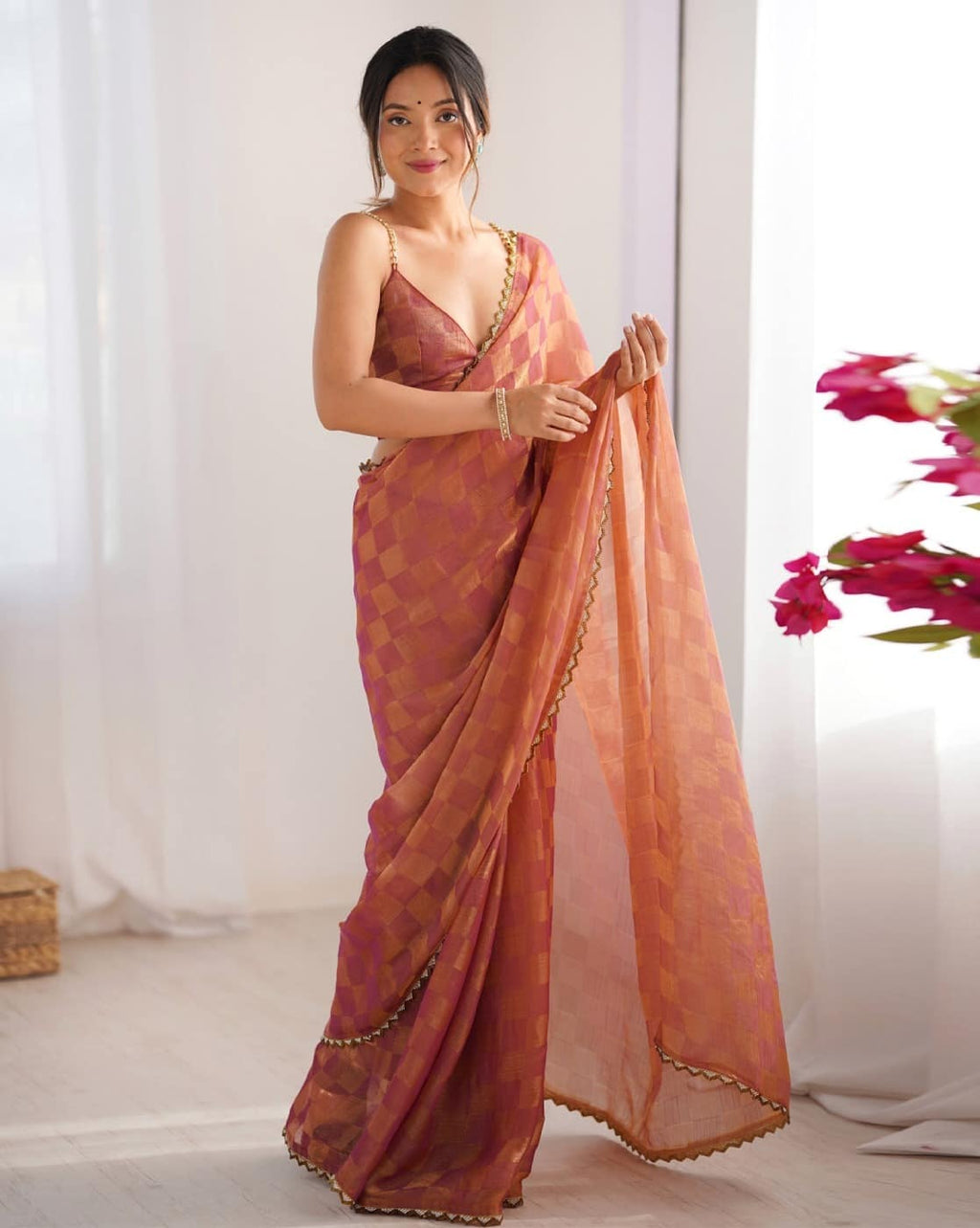 Lorenvalley Fashion Peach NC Chiffon Square with fancy Lace Saree with Blouse