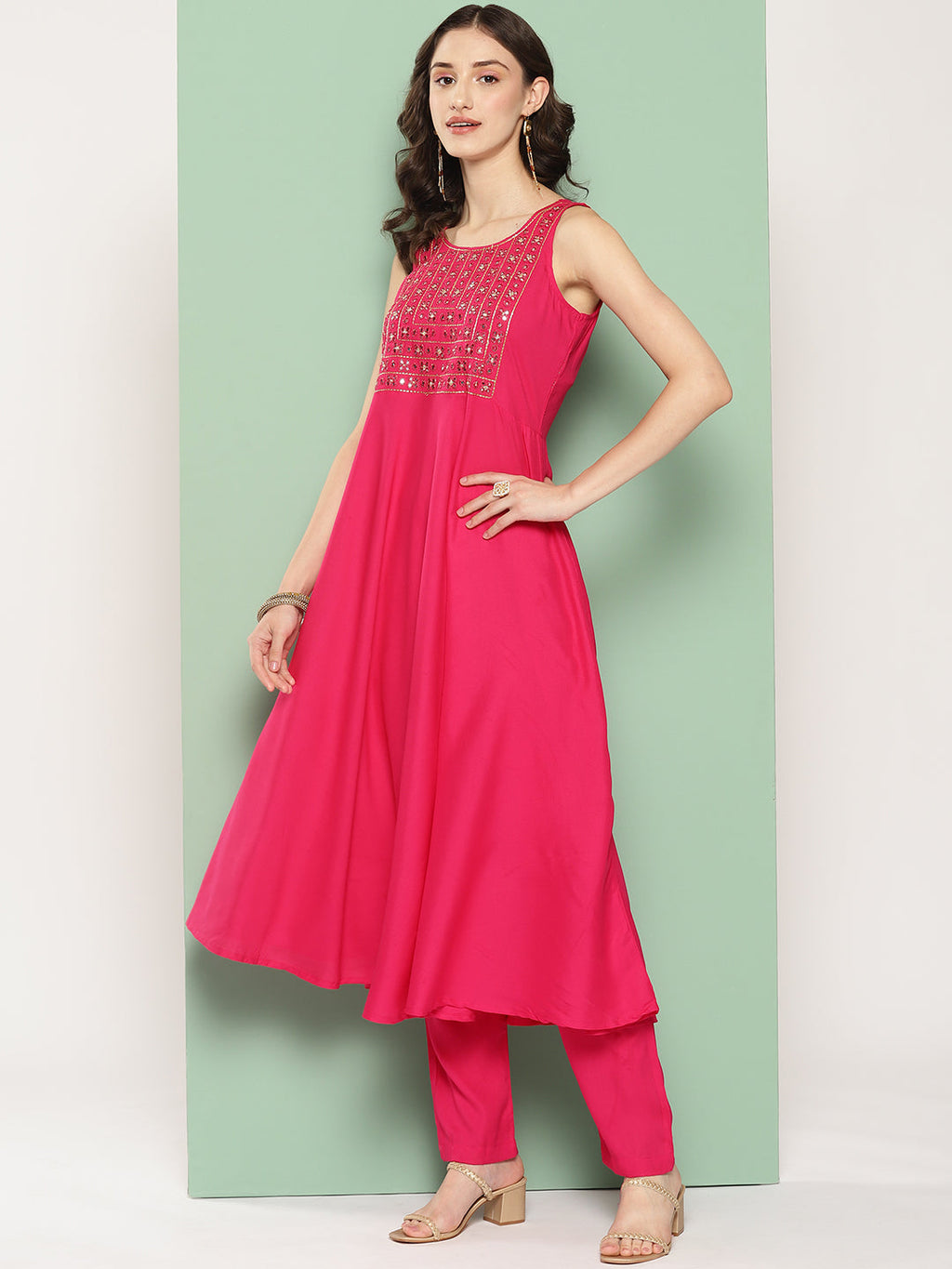 InWeave Women's Fuchsia Mirror Work Strappy Set W Square Bandhani Print Silk Dup