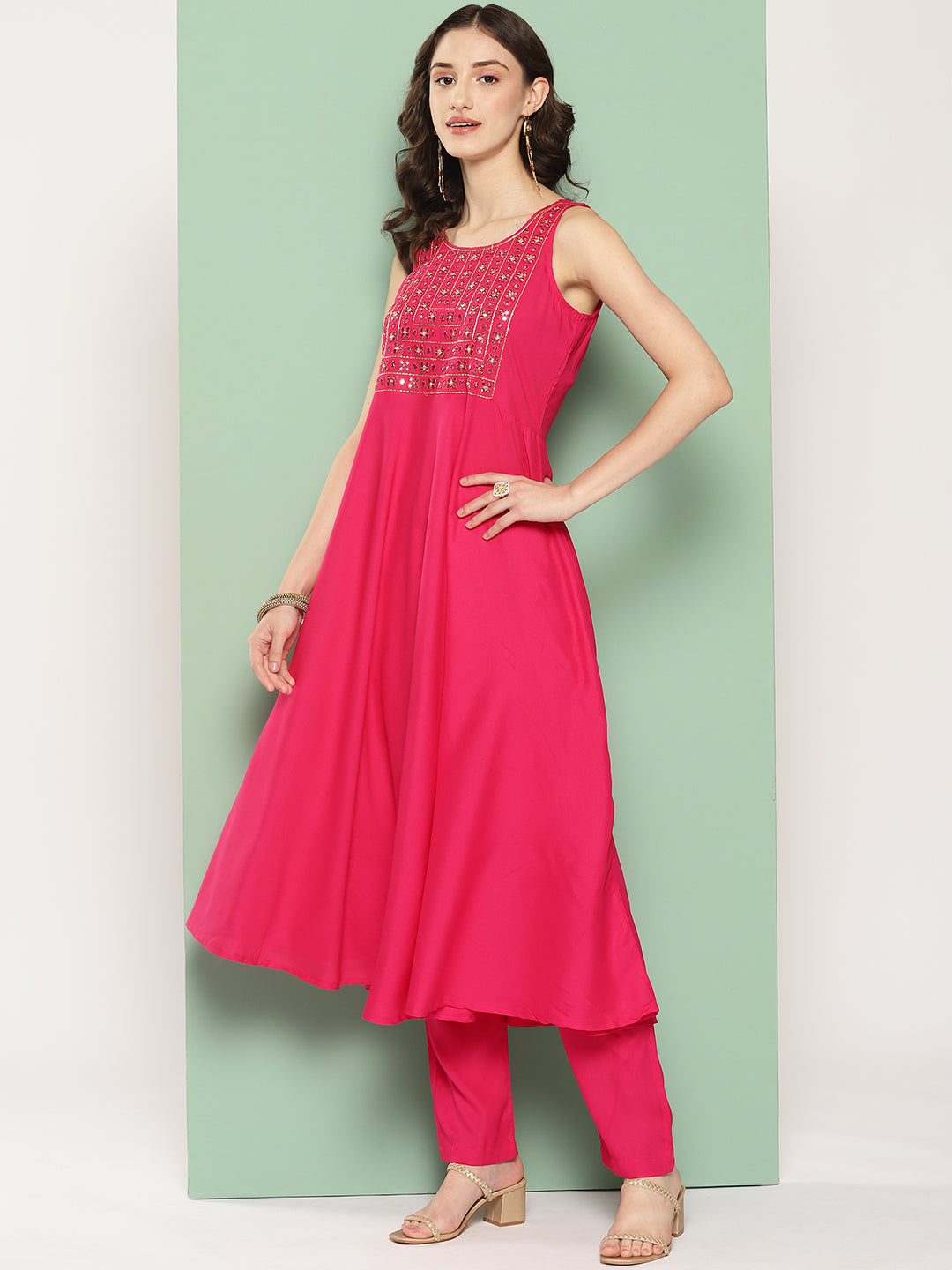 InWeave Women's Fuchsia Mirror Work Strappy Set W Square Bandhani Print Silk Dup