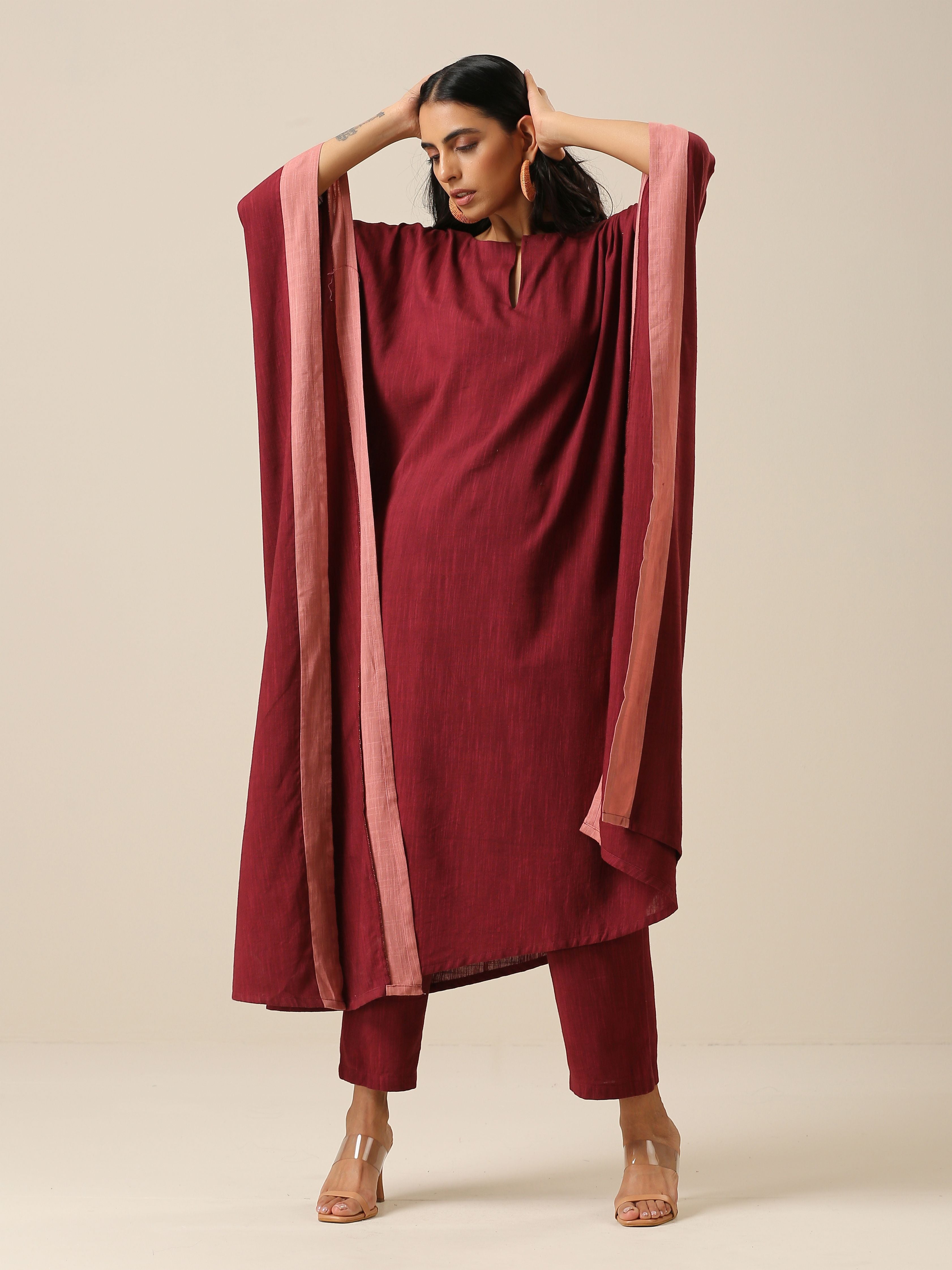 trueBrowns Ruby Wine Slub Texture High Low Kaftan Pant Set