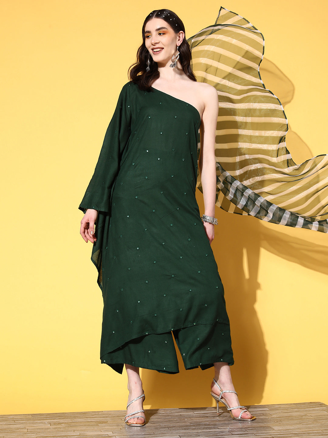 InWeave Women's Green Mirror Work One Shoulder Kurta Set With Dupatta