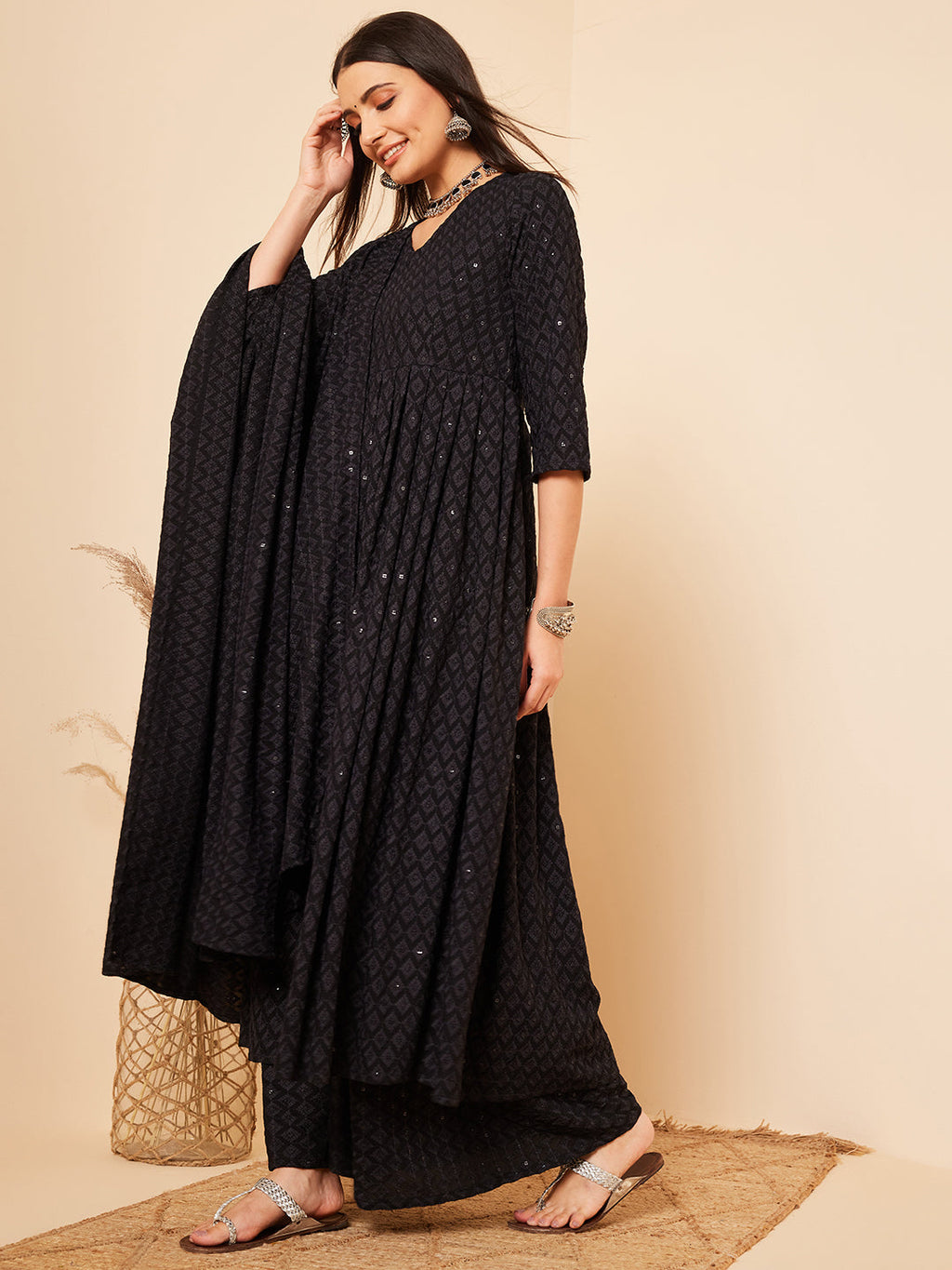 InWeave Women's Black Chikankari Long Anarkali Kurta Sharara Set W Dupatta