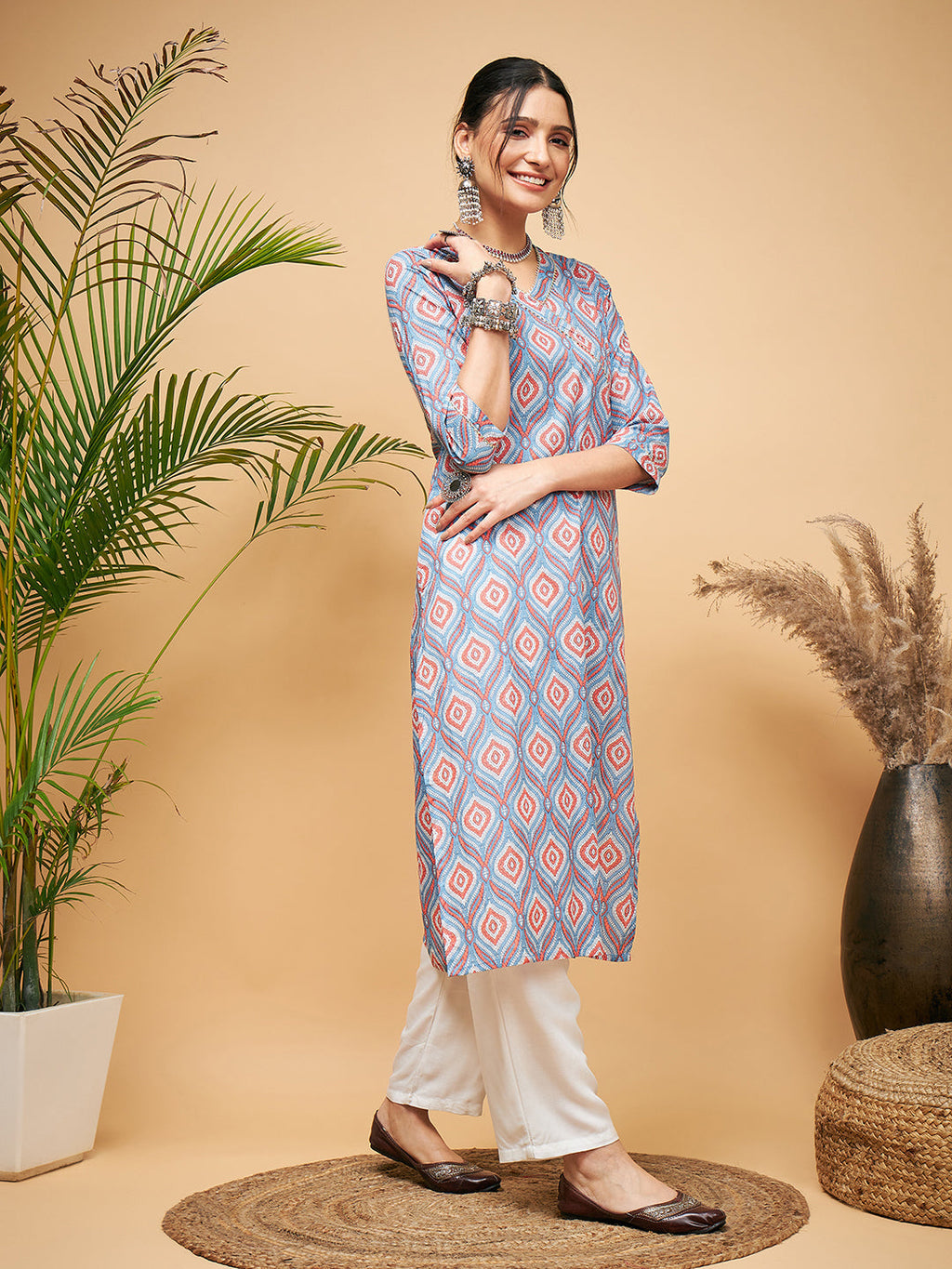 InWeave Women's Blue Pink Print Angrakha Style Straight Kurta Pant Set