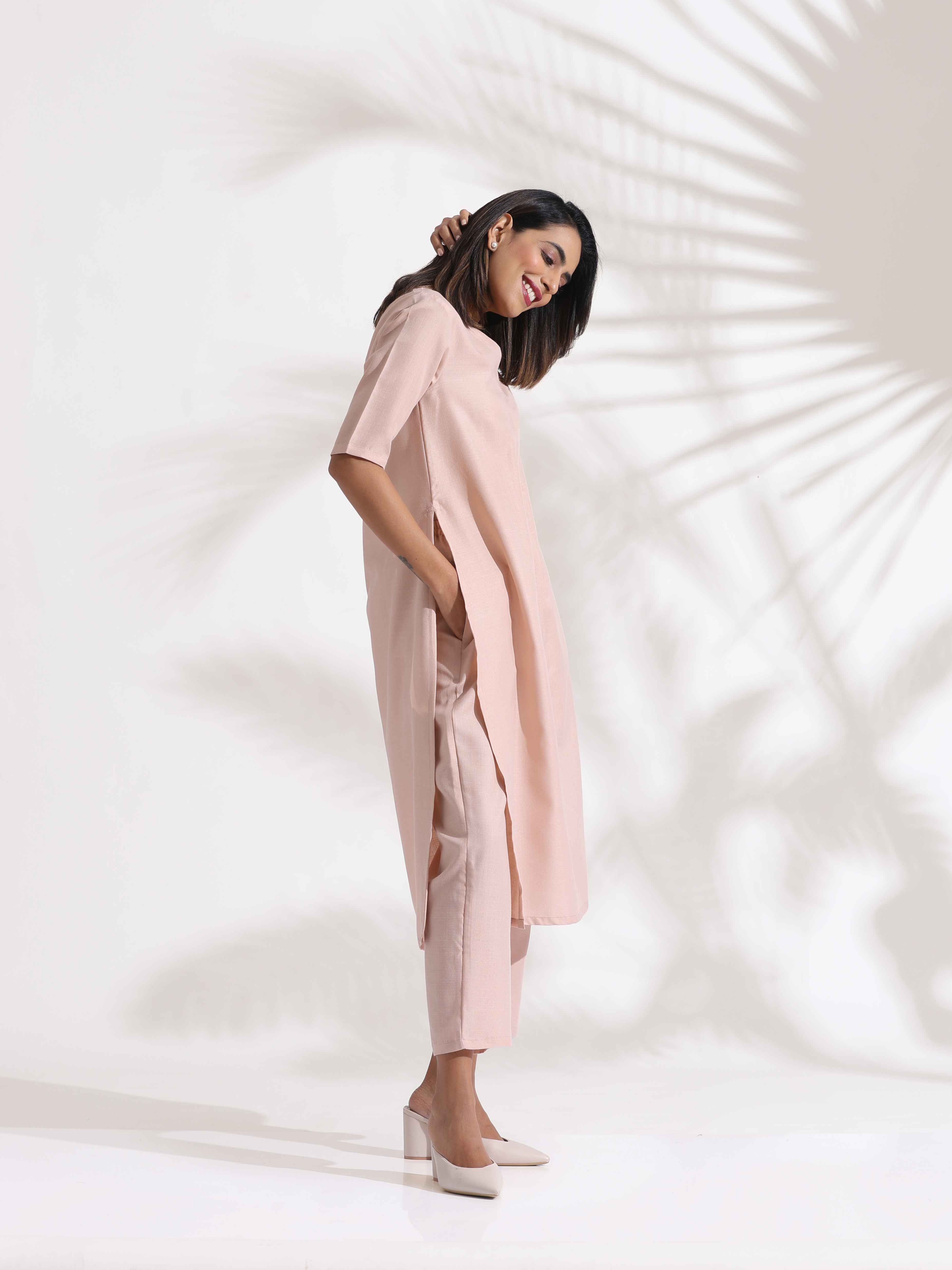 trueBrowns Light Pink Slub Kurta Set