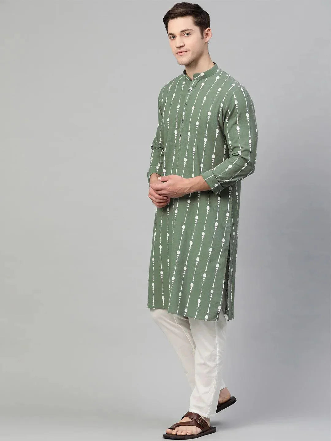 Fabmade Green And White Printed Straight Kurta Pyjama