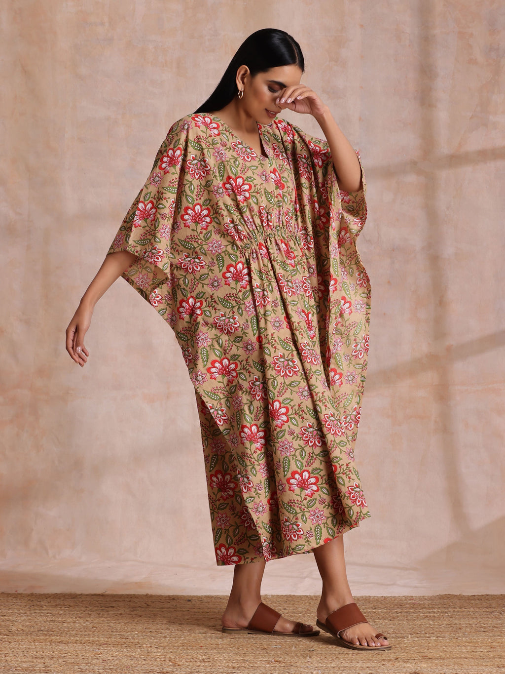trueBrowns Beige Overall Big Floral Block Print Cotton Kaftan Dress
