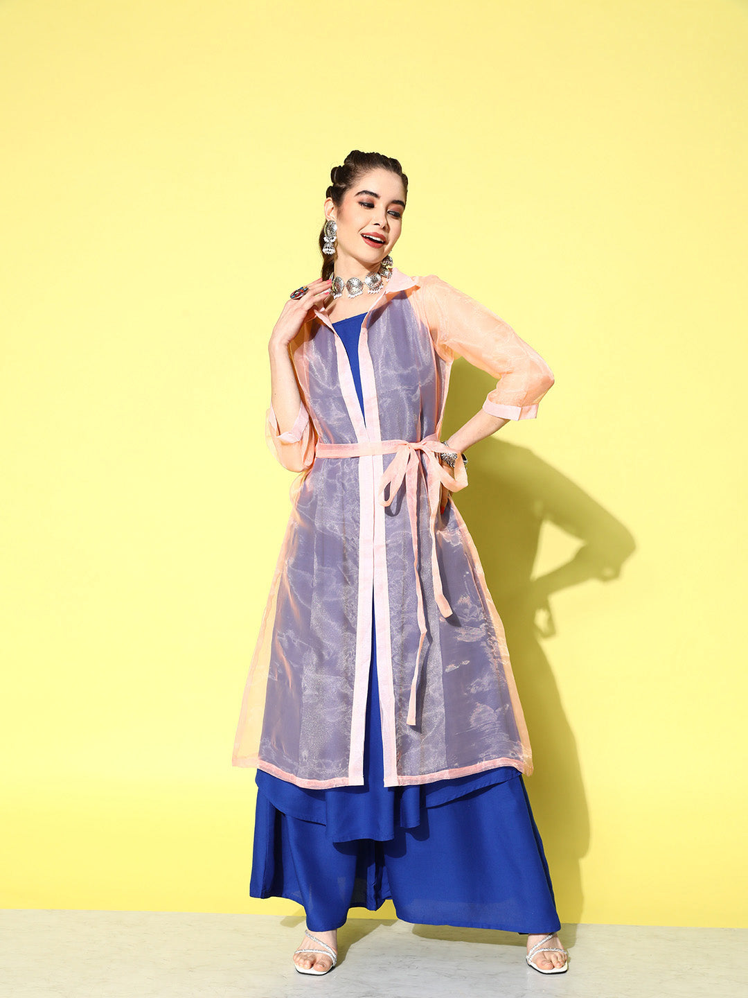 InWeave Women's Ink Blue Strappy Kurta Set With Peach Organza Cape