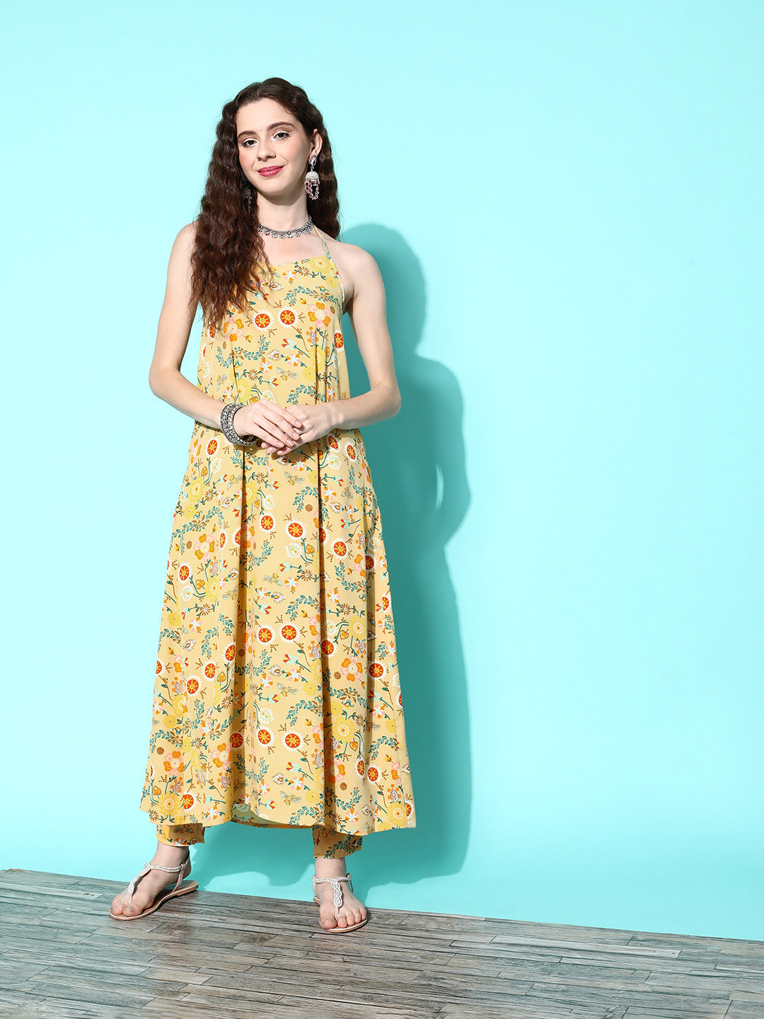 InWeave Women's Yellow Print Back Less Long Kurta Pant Set