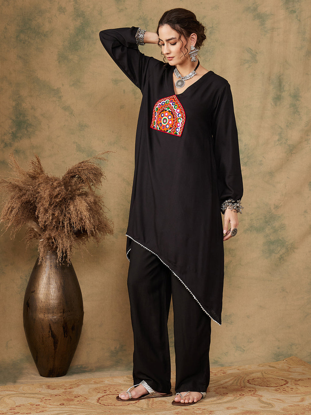 InWeave Women's Black Trangle Maroon Patch Work Assymentrical Kurta Set