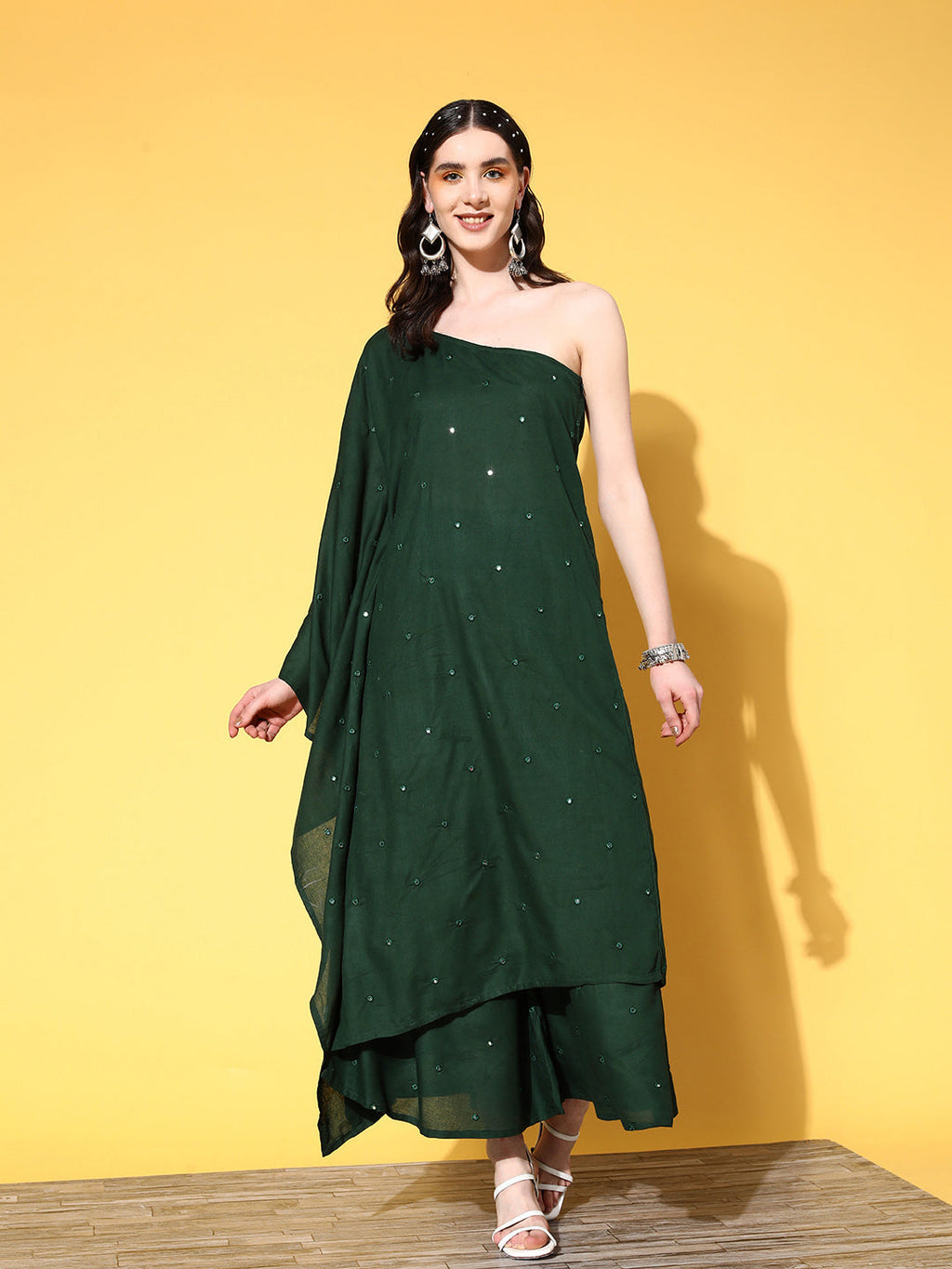 InWeave Women's Green Mirror Work One Shoulder Kurta Set