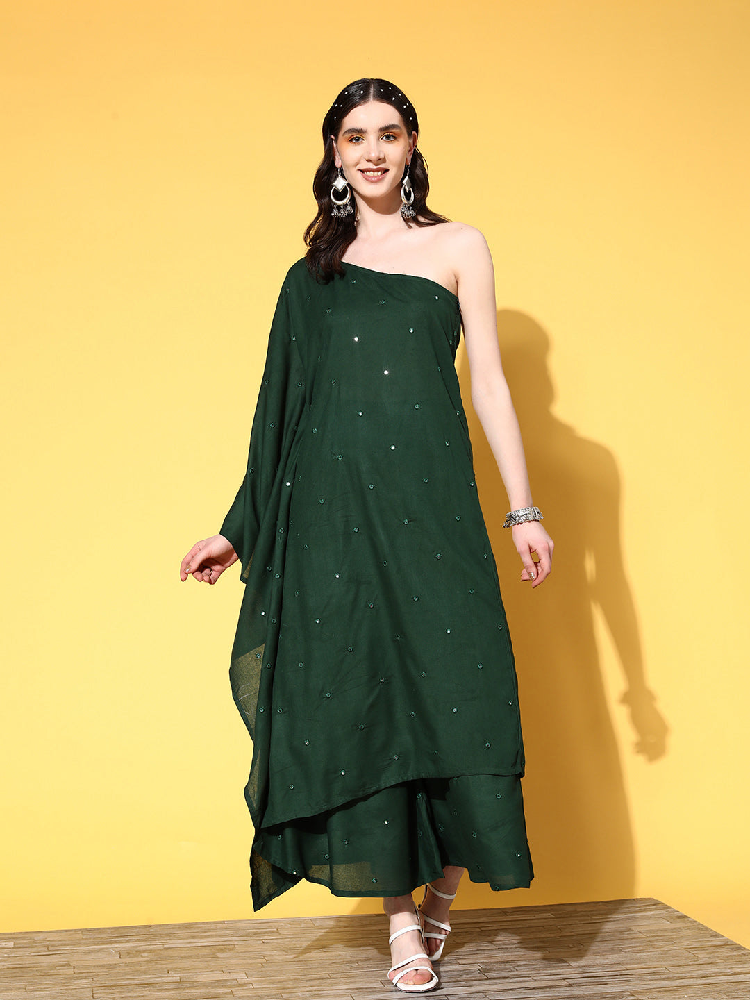 InWeave Women's Green Mirror Work One Shoulder Kurta Set