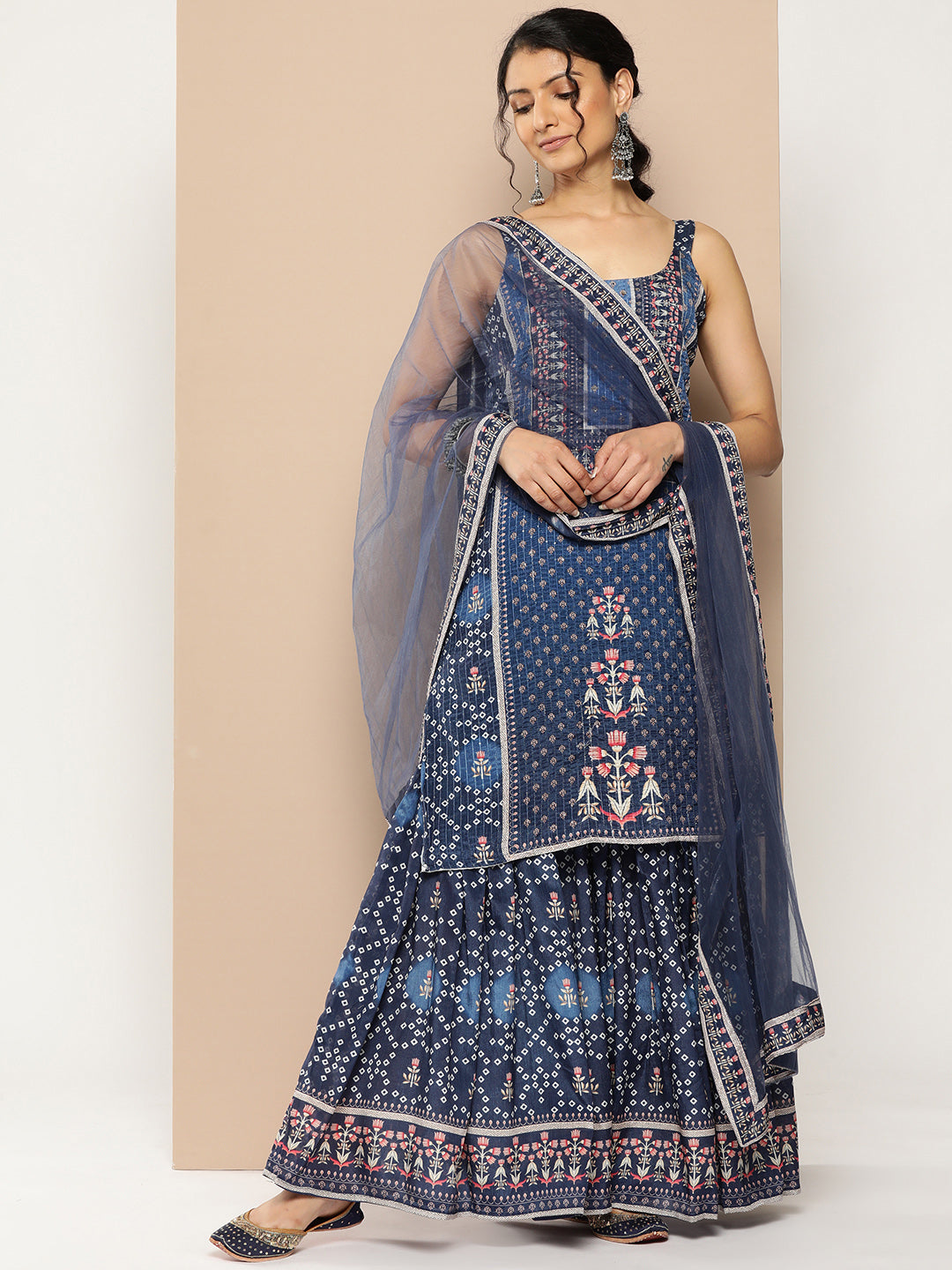 KSUT (House of Varanga) Blue Color Strap Style Digital Printed Kurta With Printed Sharara And Net Dupatta