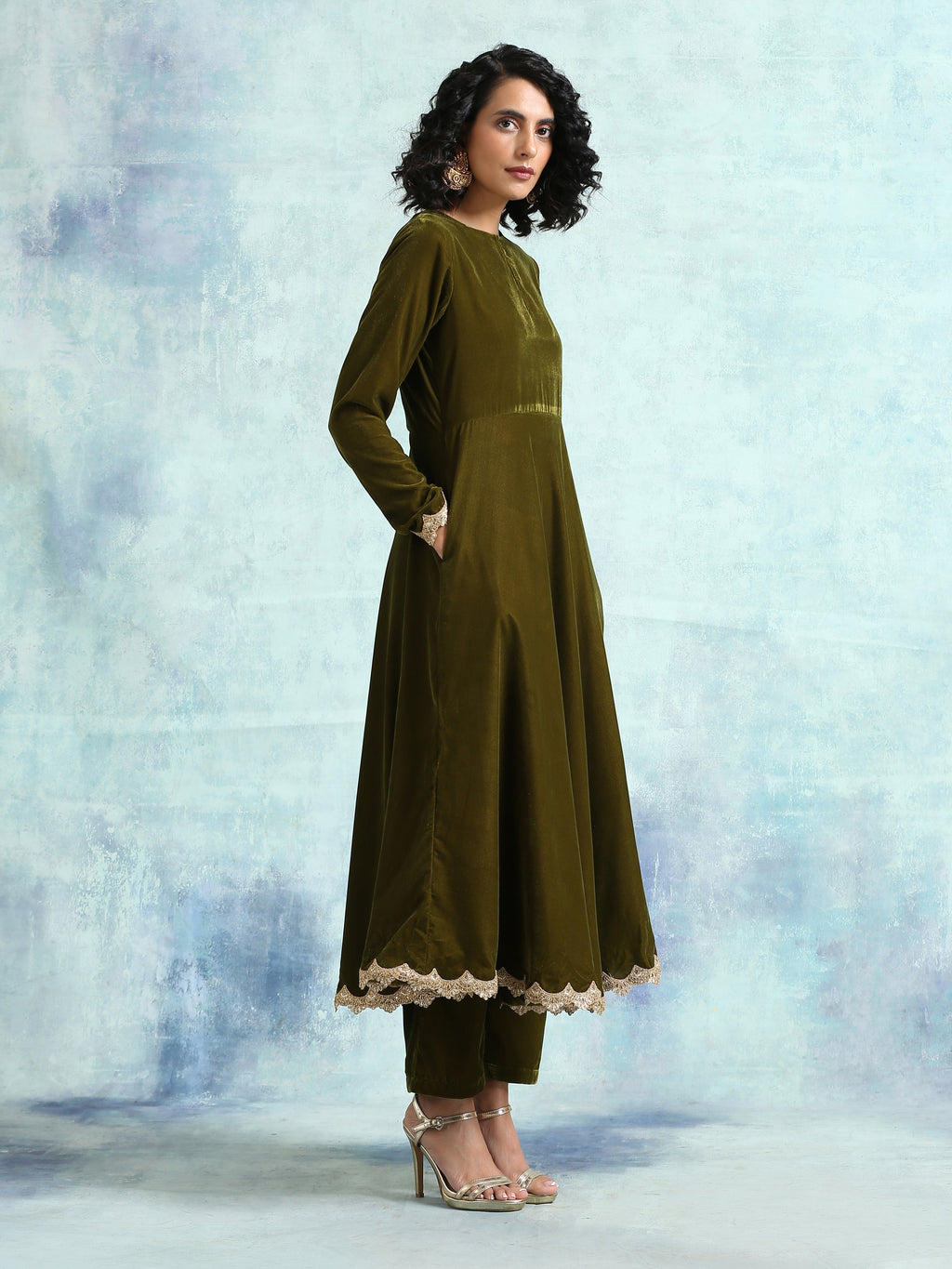 trueBrowns Mehandi Velvet Anarkali Kurta