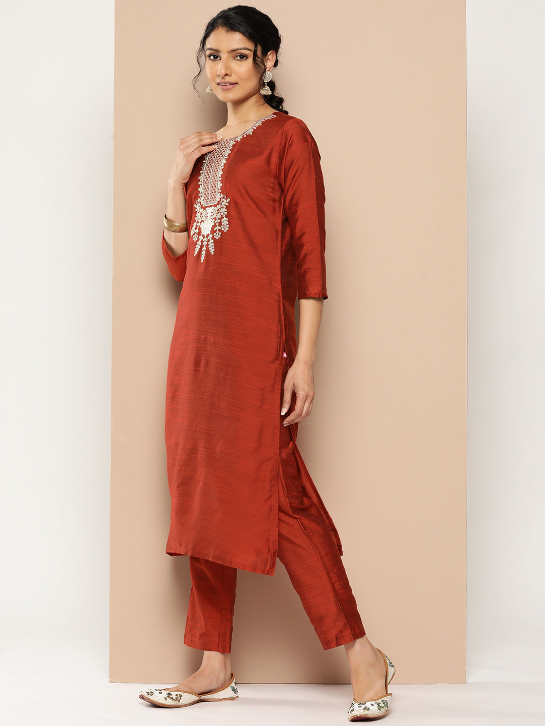 KSUT (House of Varanga) Embroidered Kurta Paired With Pant And Printed Dupatta With Zari Fringes