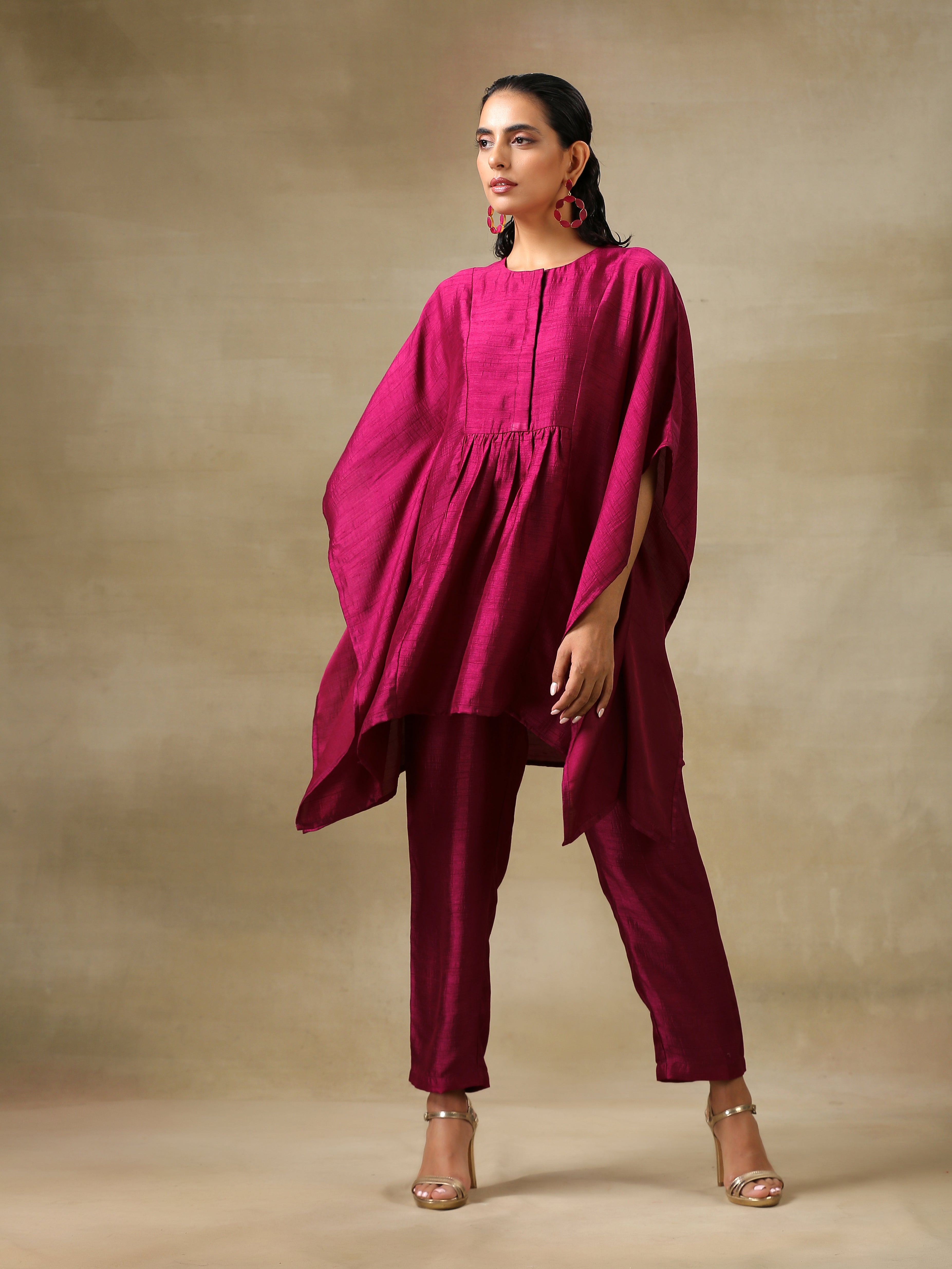 trueBrowns Purple Textured Silk Gathered Kaftan Co-Ord Set