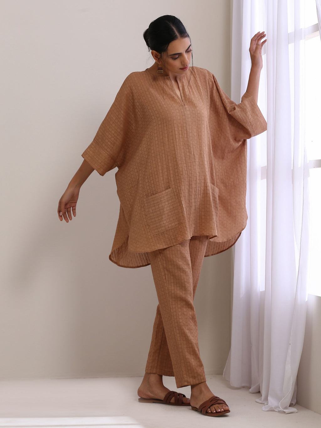 trueBrowns Beige Dobby Boxy Fit High-Low Co-Ord Set