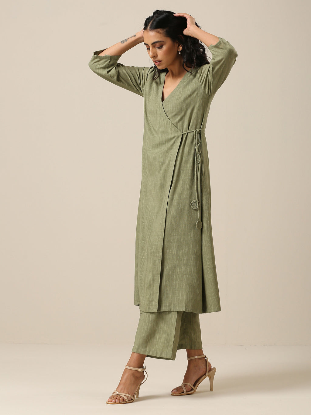 trueBrowns Sage Slub Texture Angrakha Pant Set | Relove