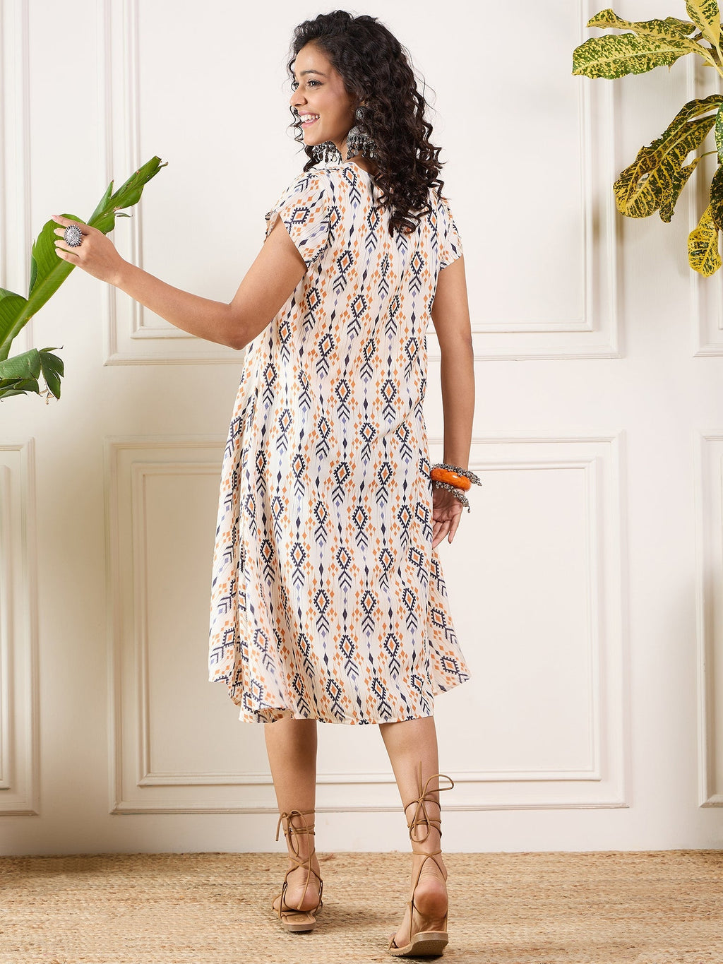 InWeave Off White Orange Black Ikkat Print Round Neck Aline Dress