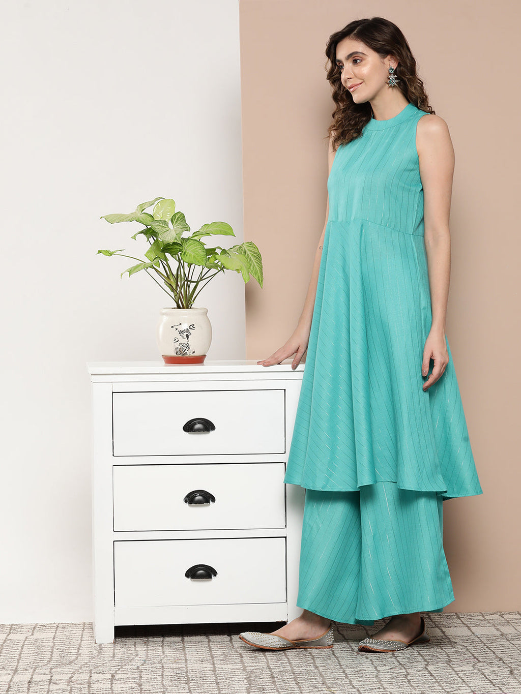 InWeave Women's Teal Lurex Boho Kurta Set With Aqua Leh Organza Dupatta