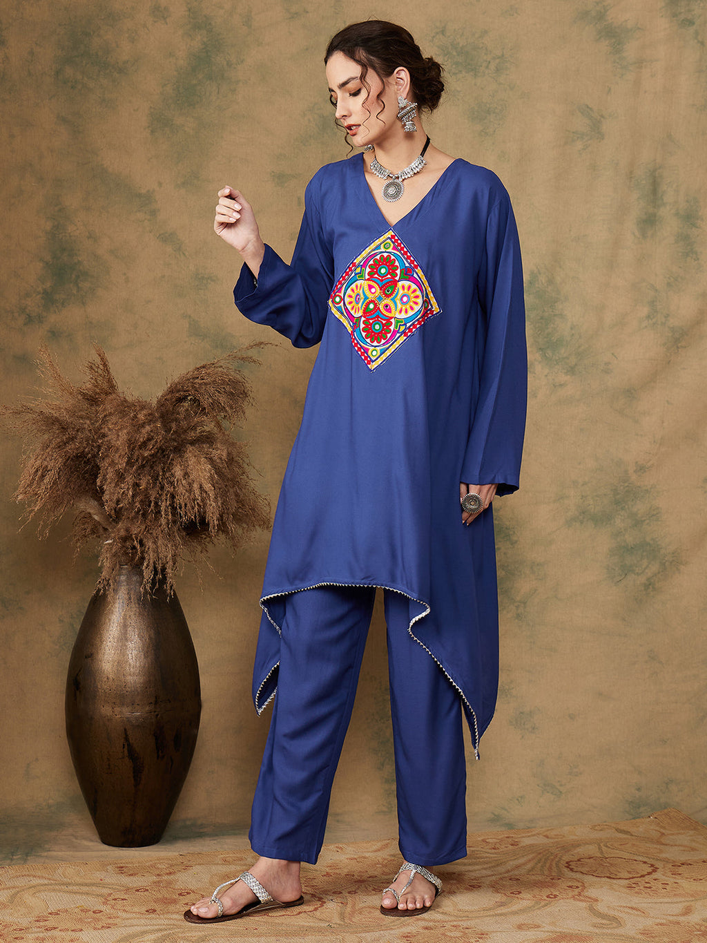 InWeave Women's Ink Blue Square Yellow Patch Work Assymentrical Kurta Set