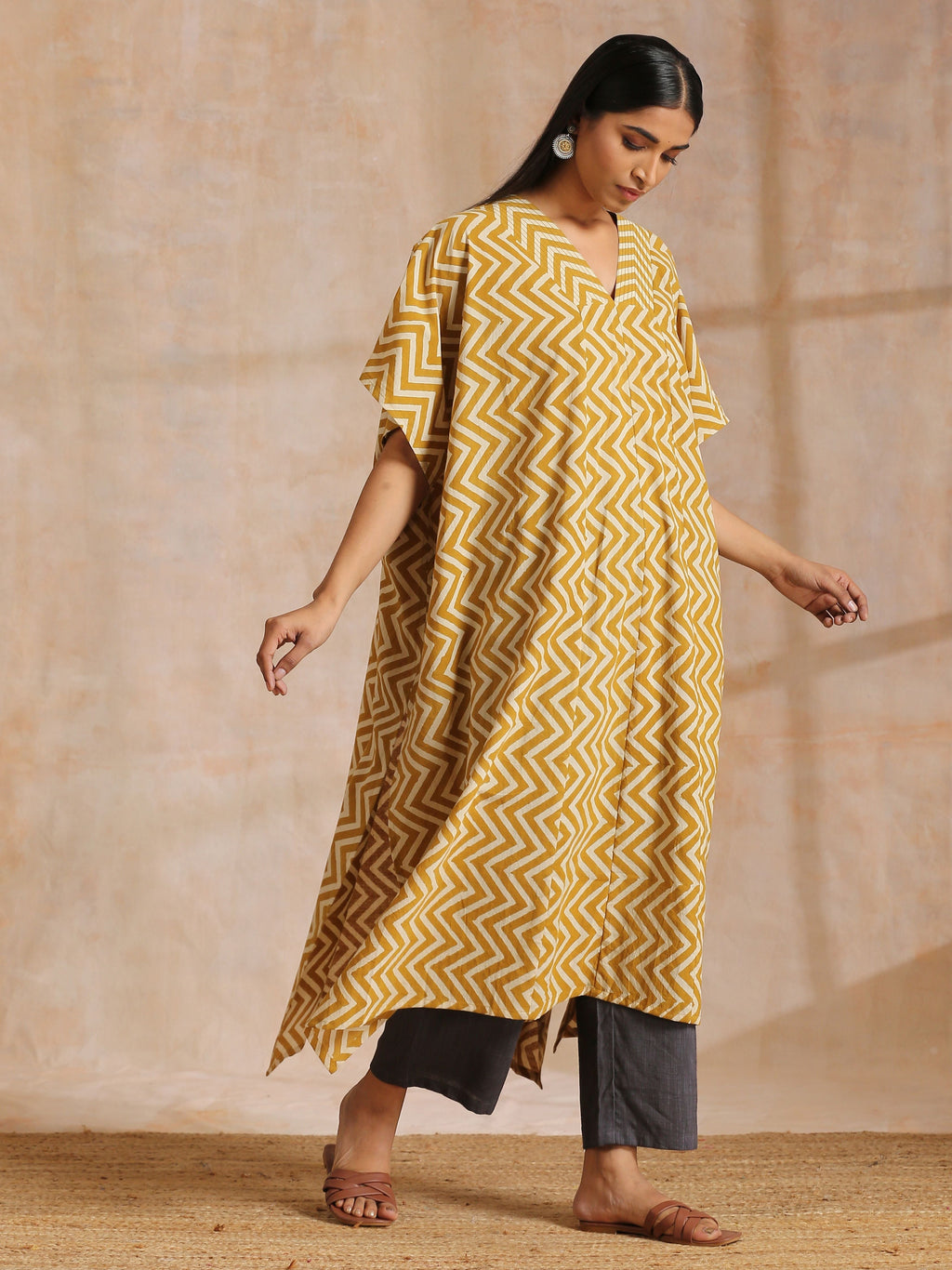 trueBrowns Mustard Dabu Zig-Zag Lines Print Cotton Panel Kaftan Kurta Pant Set
