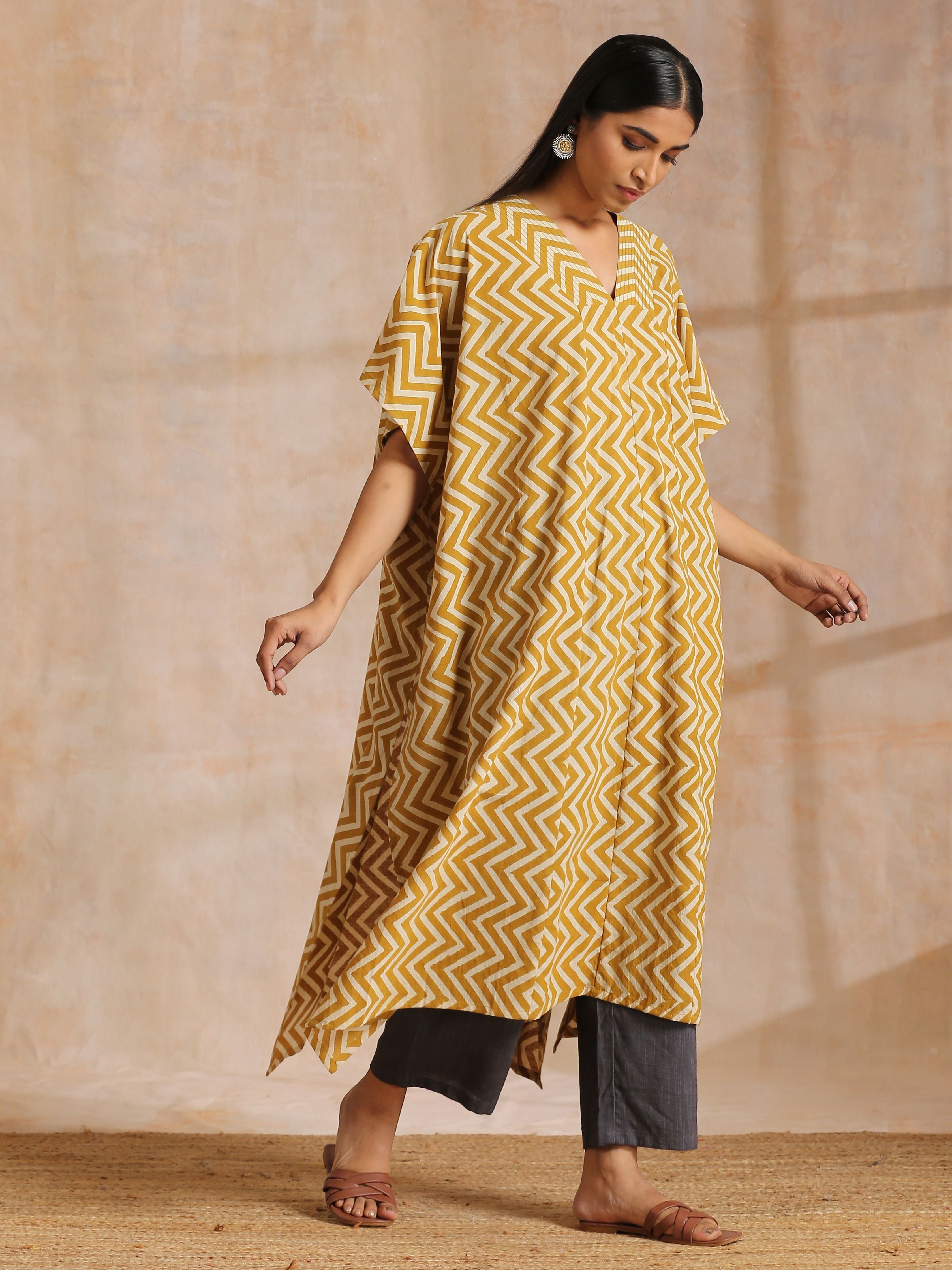 trueBrowns Mustard Dabu Zig-Zag Lines Print Cotton Panel Kaftan Kurta Pant Set