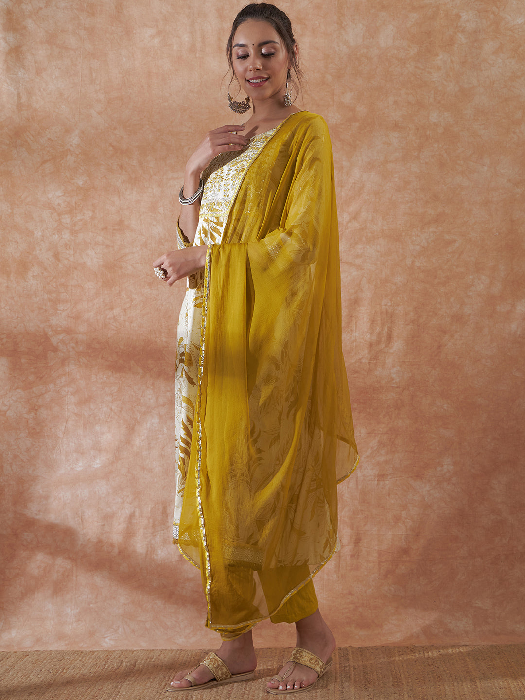InWeave Women's White Mustard Lurex Leaf Print Patch Gota Kurta Set W Mustard Dupatta