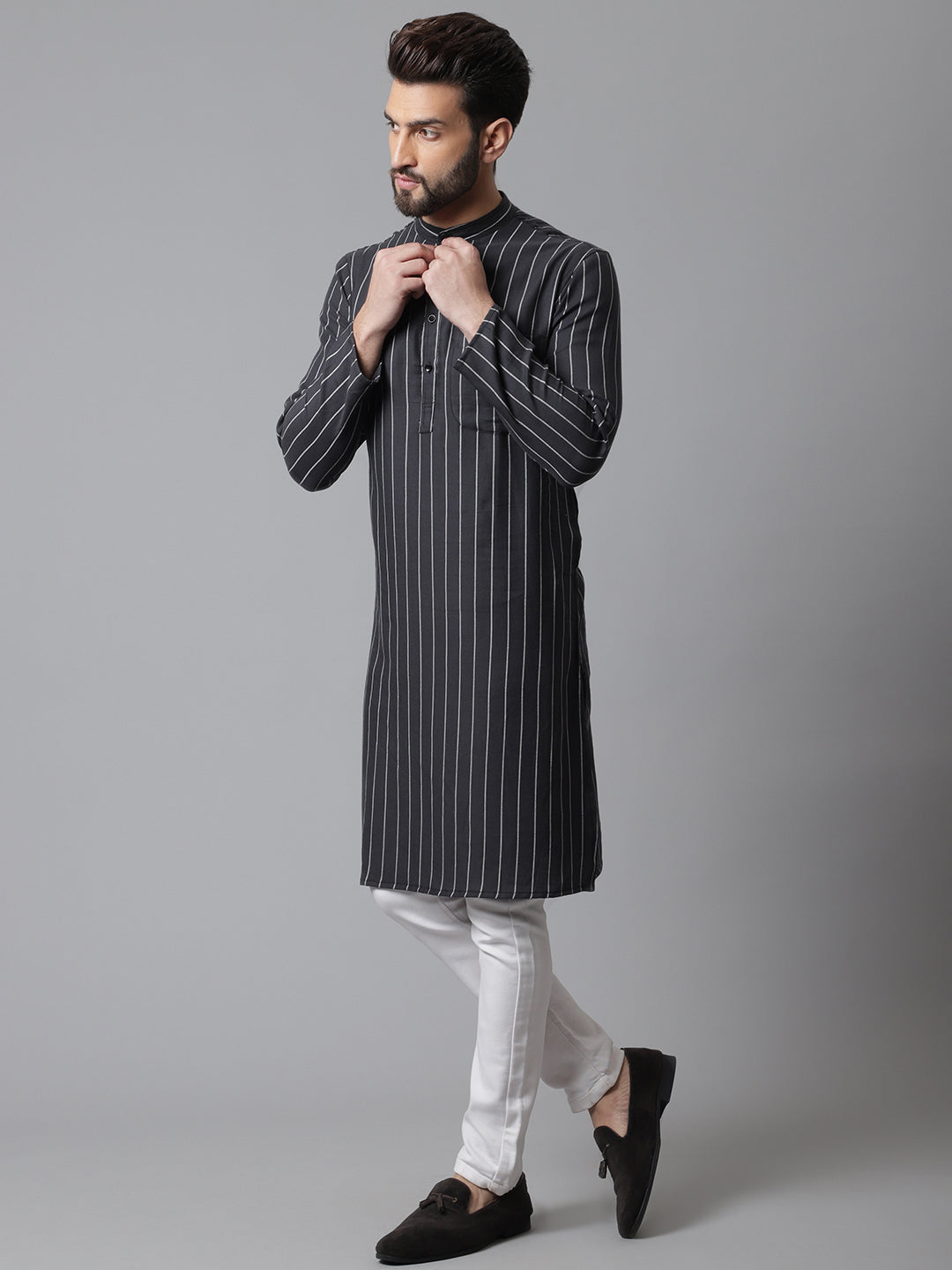Even Apparels Black Pure Cotton Kurta With Band Collar