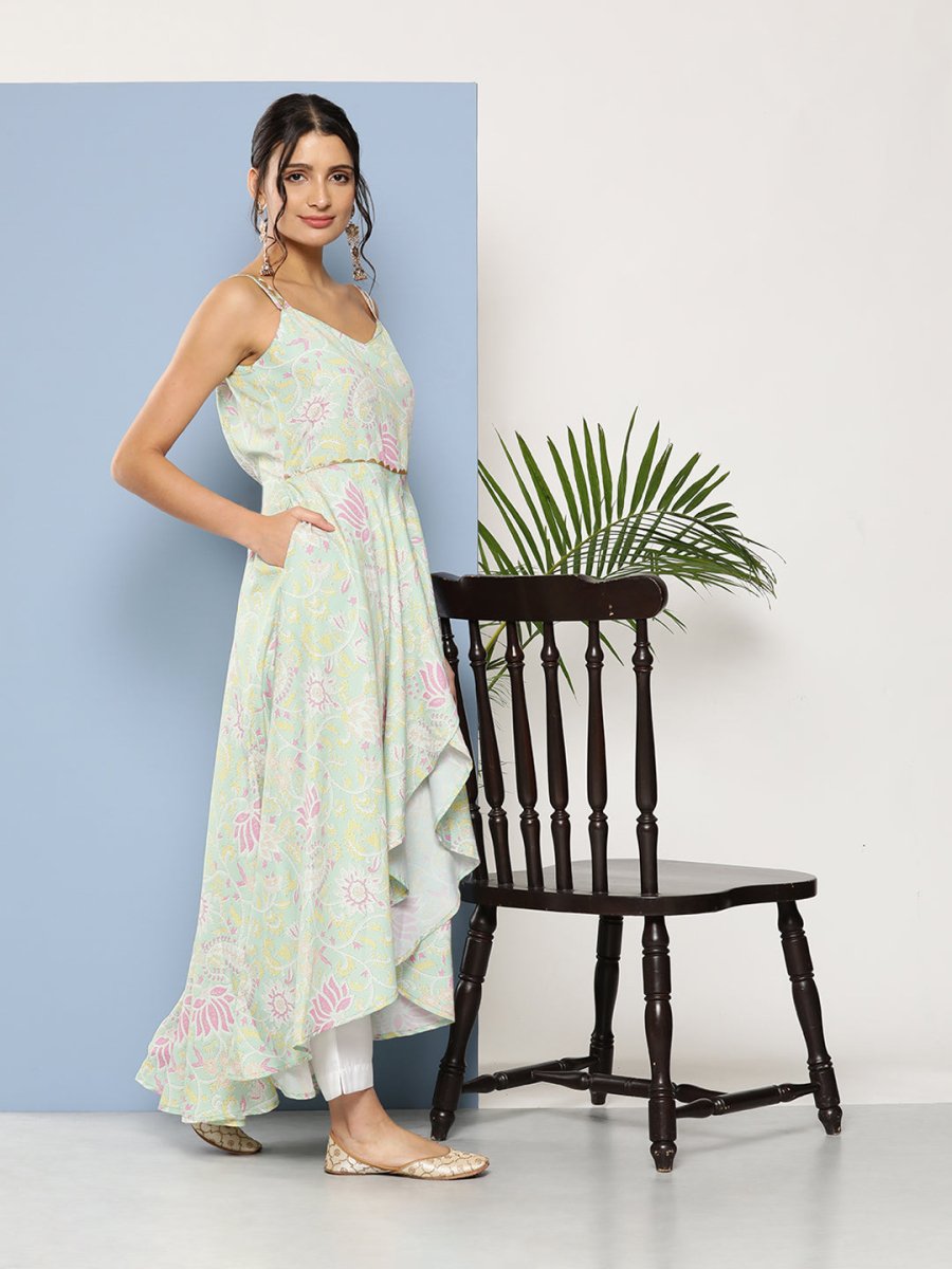 Ahalyaa Women Sea Green Floral Printed Empire Gotta Patti Kurta with Trousers