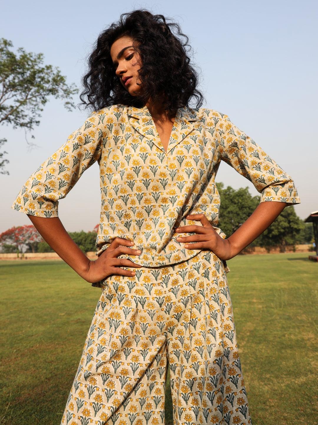 trueBrowns Light Sage Cotton Block Print Lapel Shirt Co-Ord Set