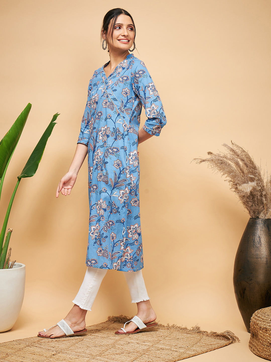 InWeave Women's Skyblue Pink Floral Angrakha Straight Kurta