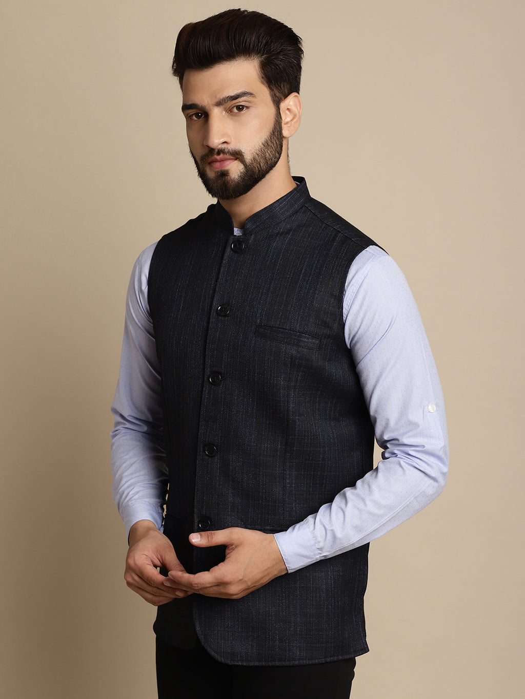 Even Apparels Men's Blue Mandarin Collar Waistcoat