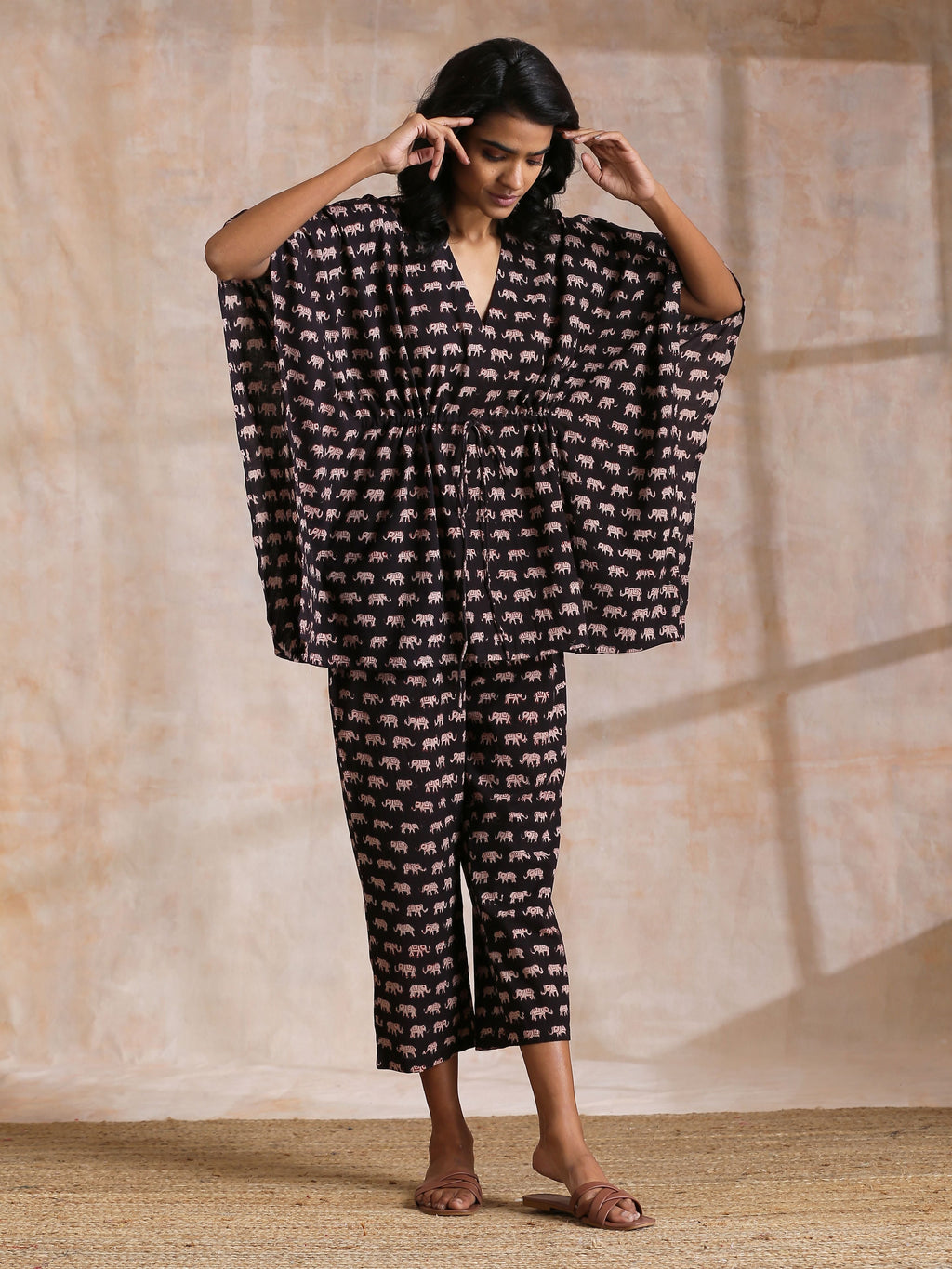 trueBrowns Black Elephant Bagru Print Cotton Kaftan Co-Ord Set