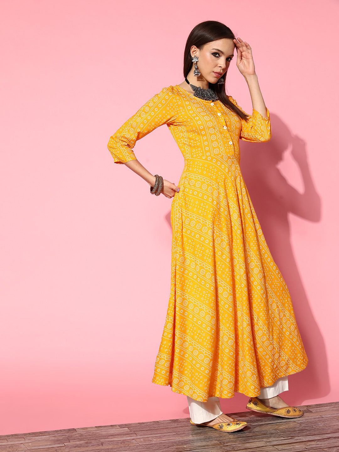 InWeave Women's Yellow Bandhani Long Anarkali Kurta With Green Bandhani Dupatta