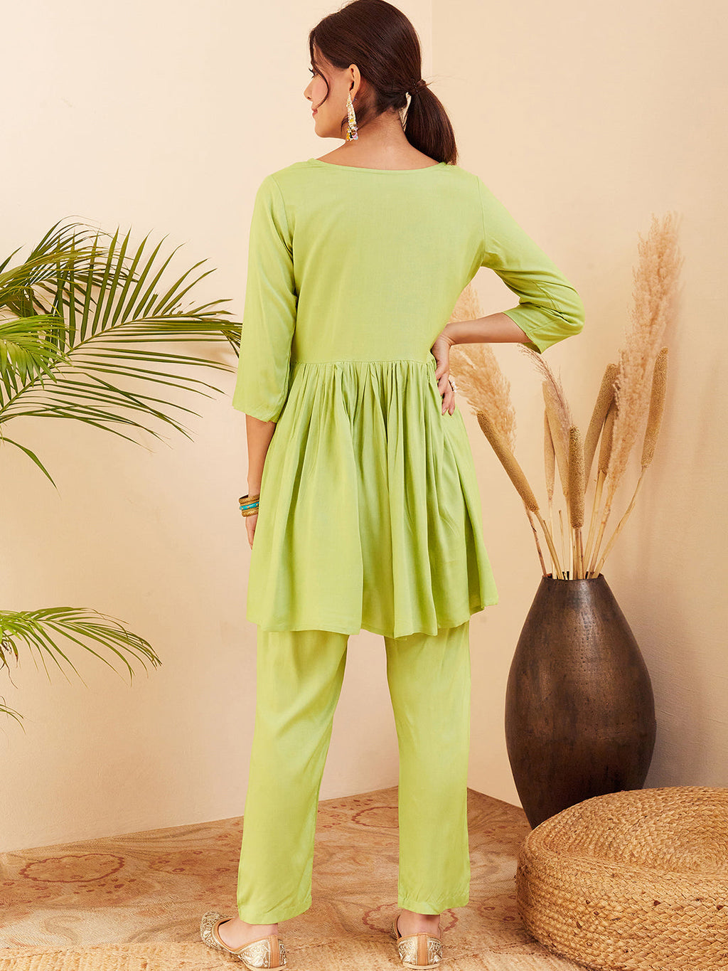 InWeave Women's Pear Green Round Neck Square Gota Work Kurta Pant Set