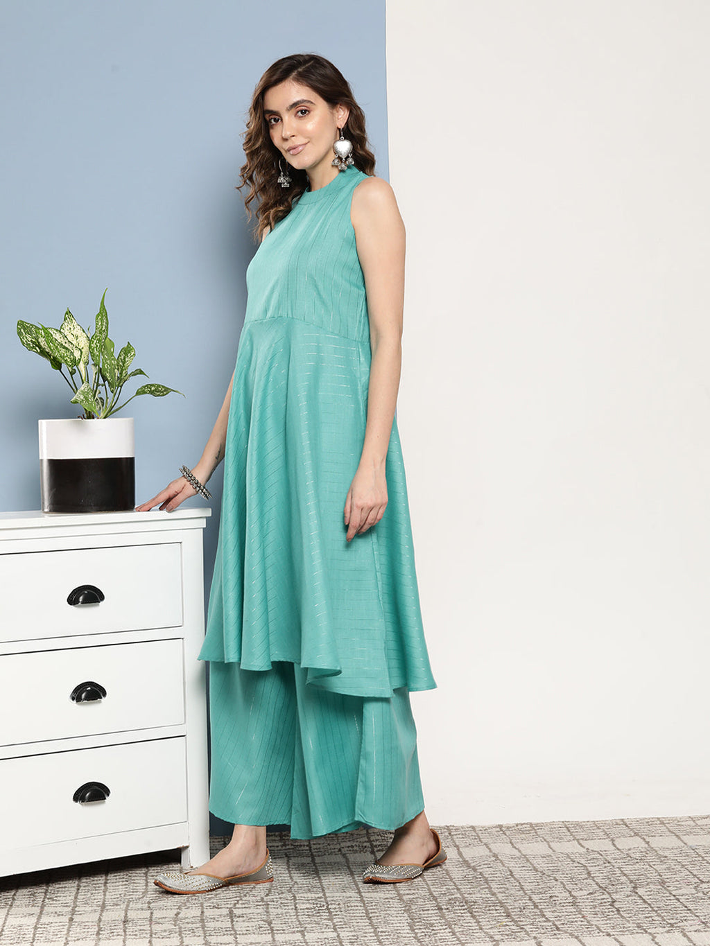 InWeave Women's Teal Lurex Boho Kurta Set With Sky Blue White Leh Dupatta