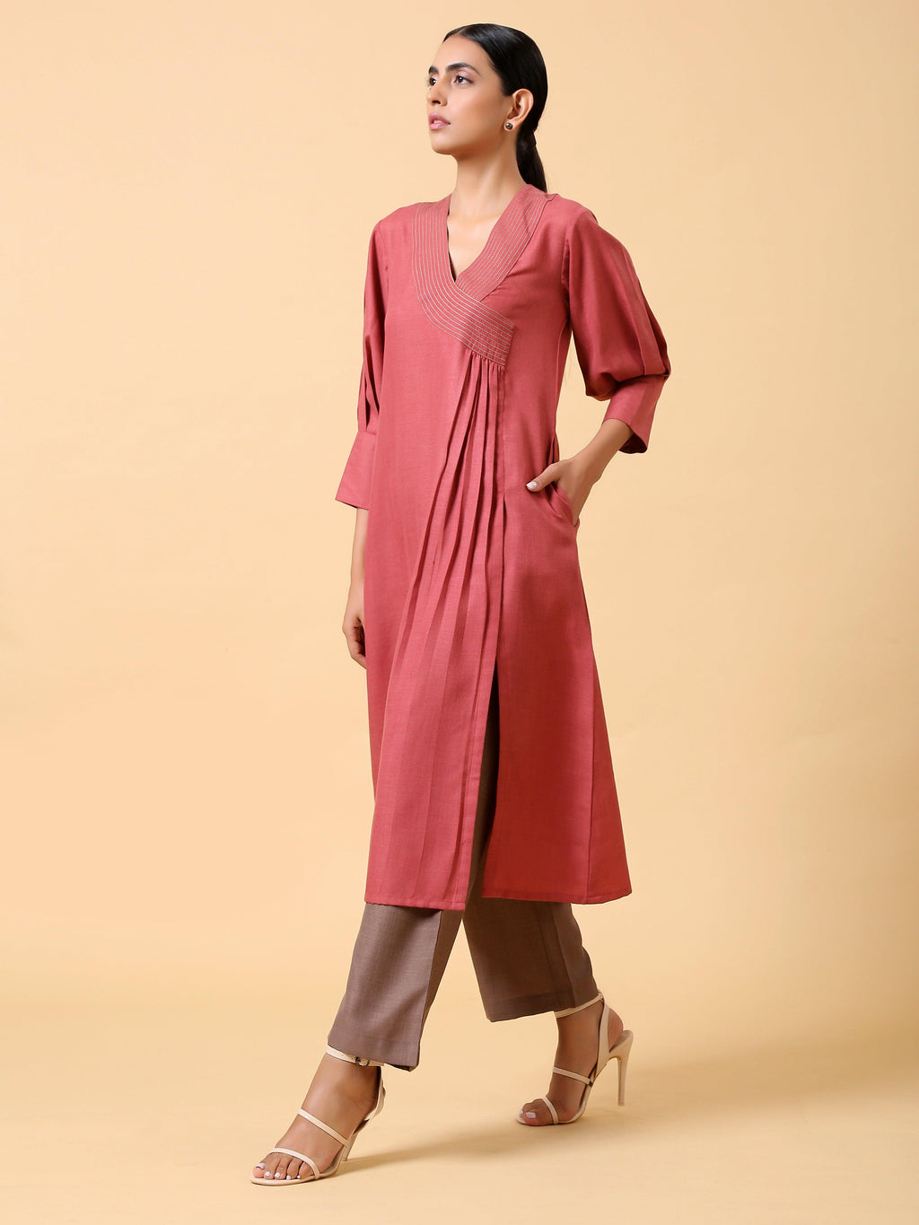 trueBrowns Cotton Linen Rust Red Kurta Pant Set