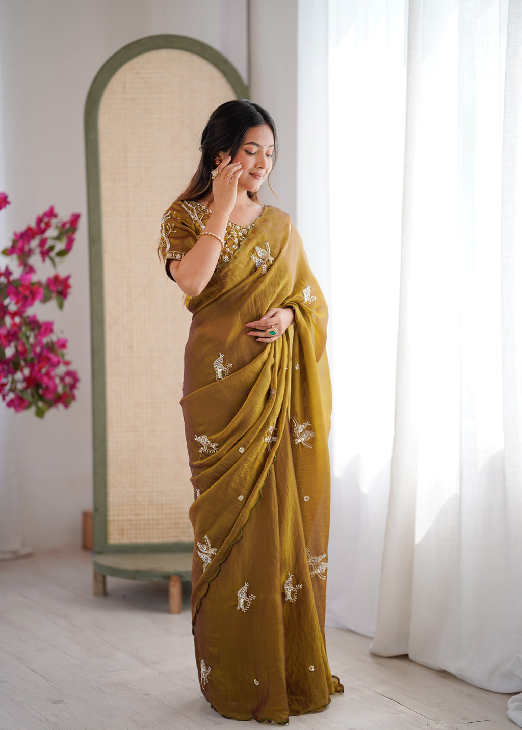 Evanik Mehendi Mos Silk With Handwork Butterfly Design Saree With Unstitched Blouse
