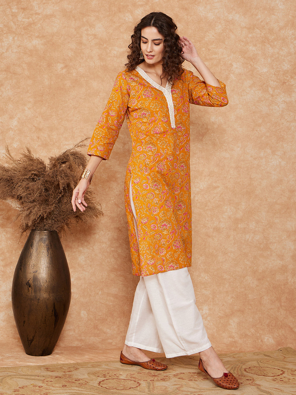 InWeave Women's Fire Yellow Print V Neck Lace Work Straight Kurta