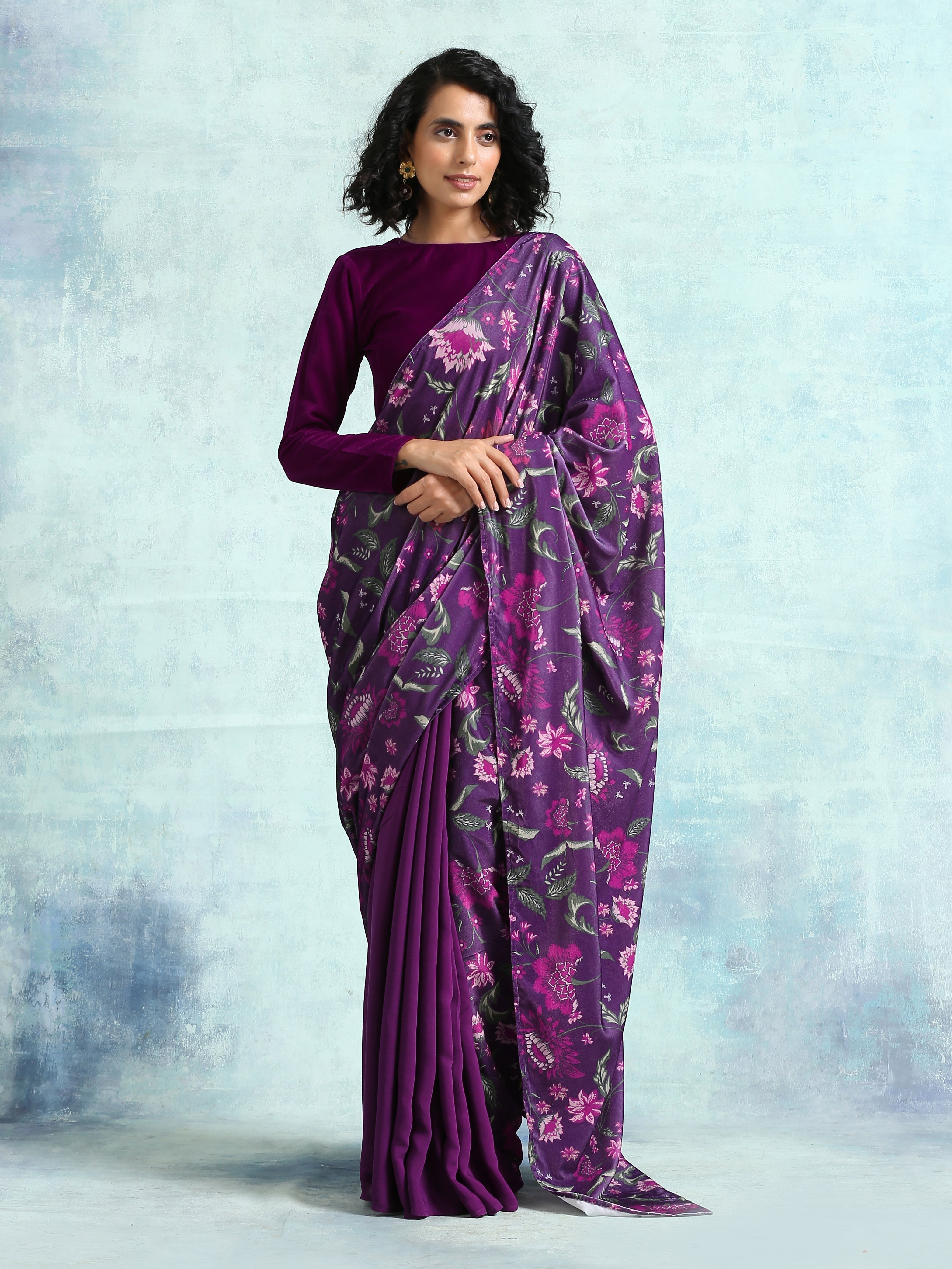 trueBrowns Wine Printed Velvet Ready to Wear Saree