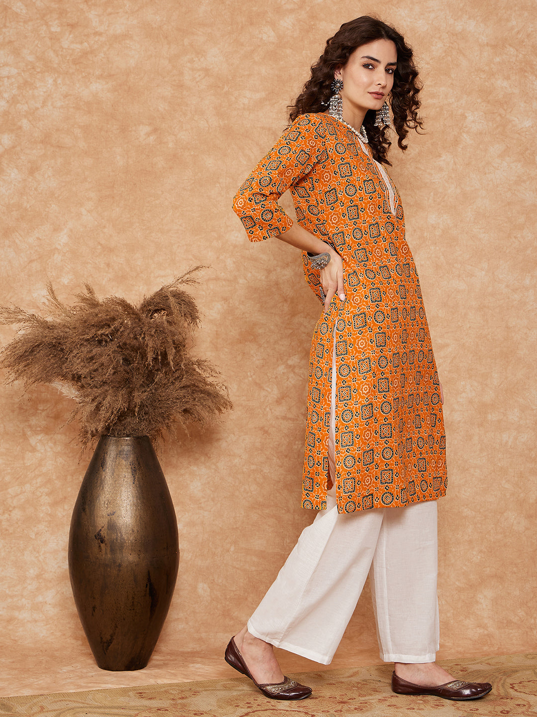 InWeave Women's Mustard Ethnic Print Lace Gota Work Straight Kurta