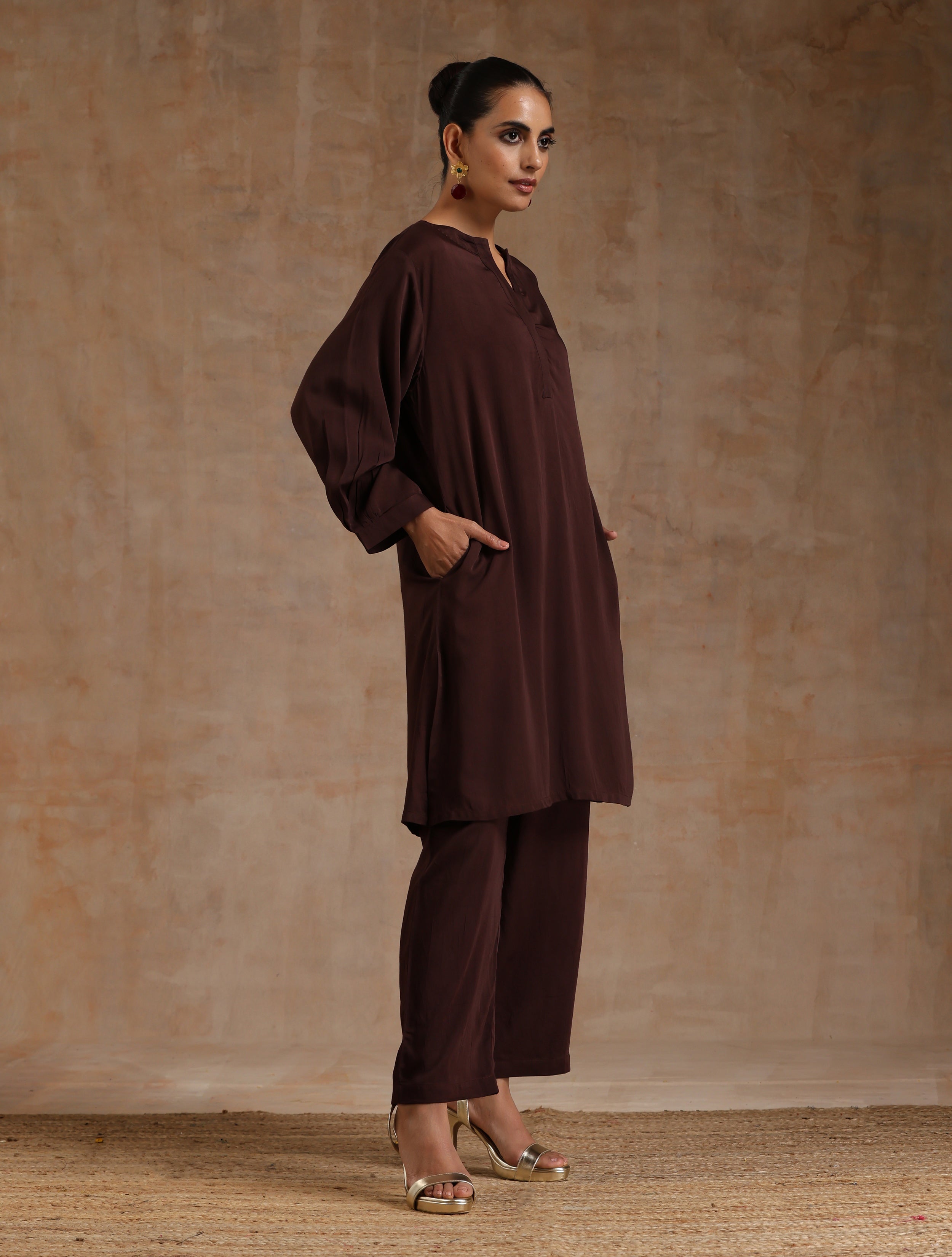 trueBrowns Cola Brown Modal Satin Relax Co-ord Set
