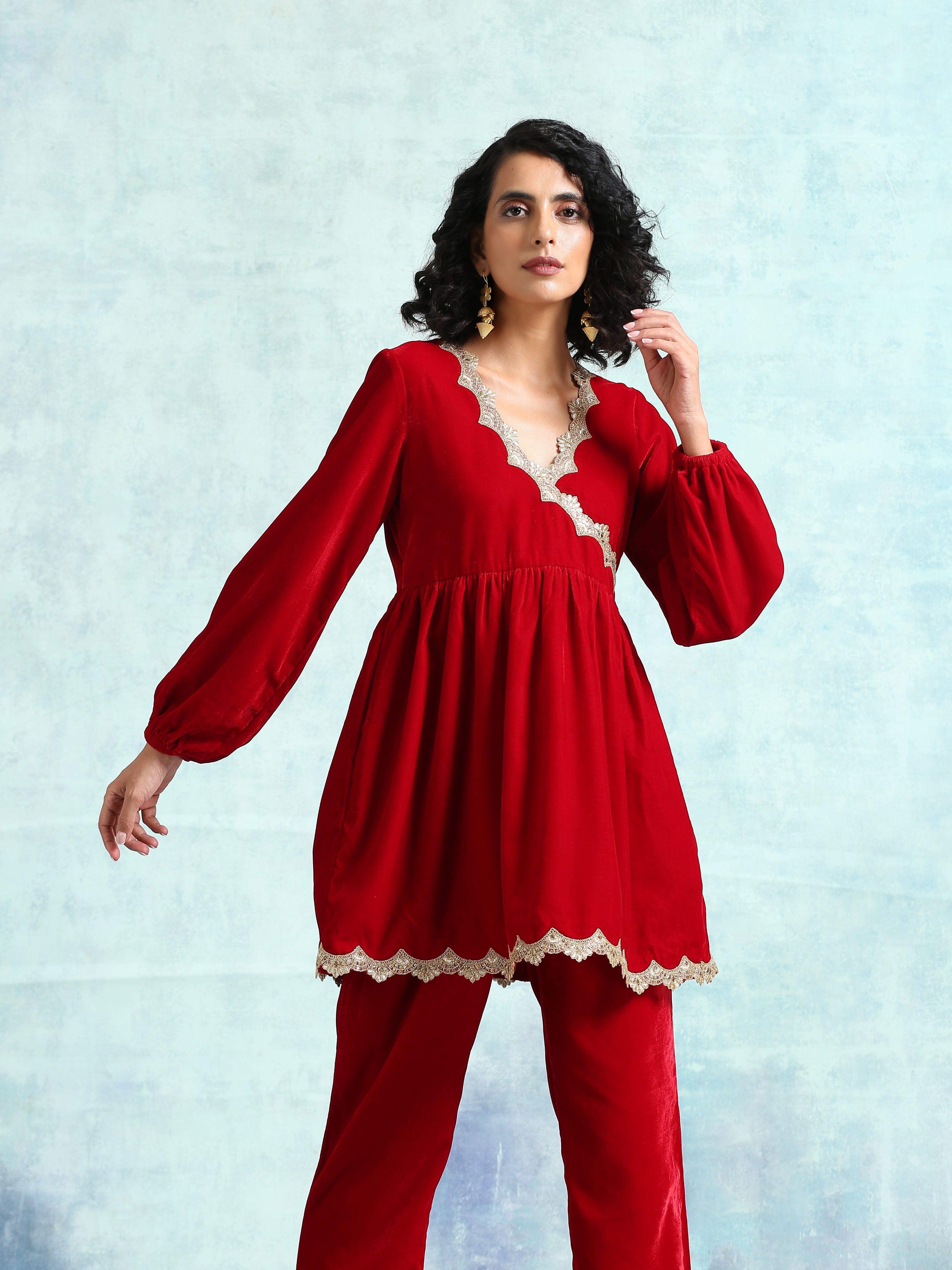 trueBrowns True Red Velvet Lace Co-Ord Set