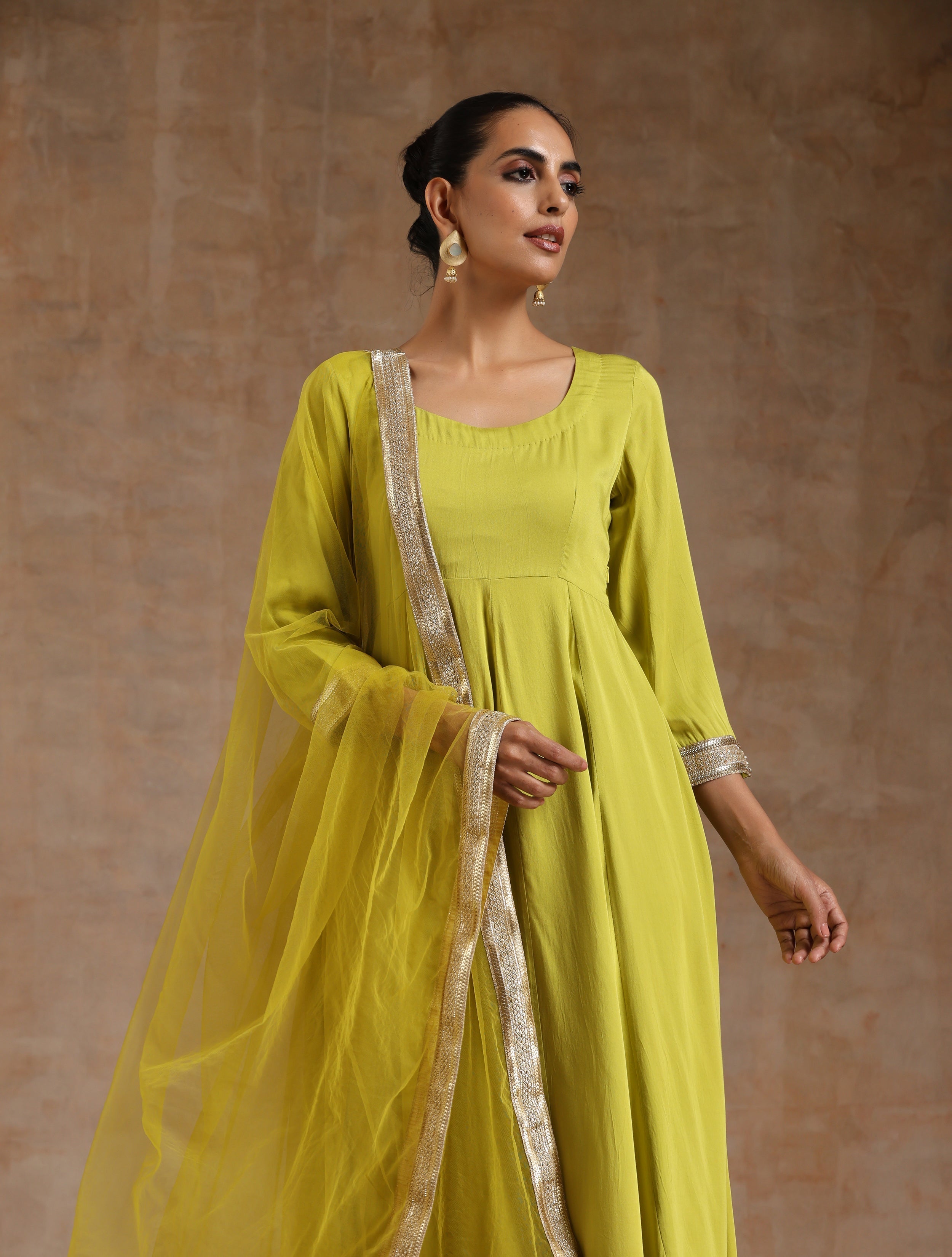trueBrowns Lime Modal Satin Anarkali Set