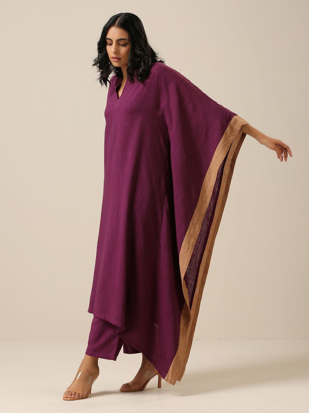 trueBrowns Plum Purple Slub Texture High Low Kaftan Pant Set