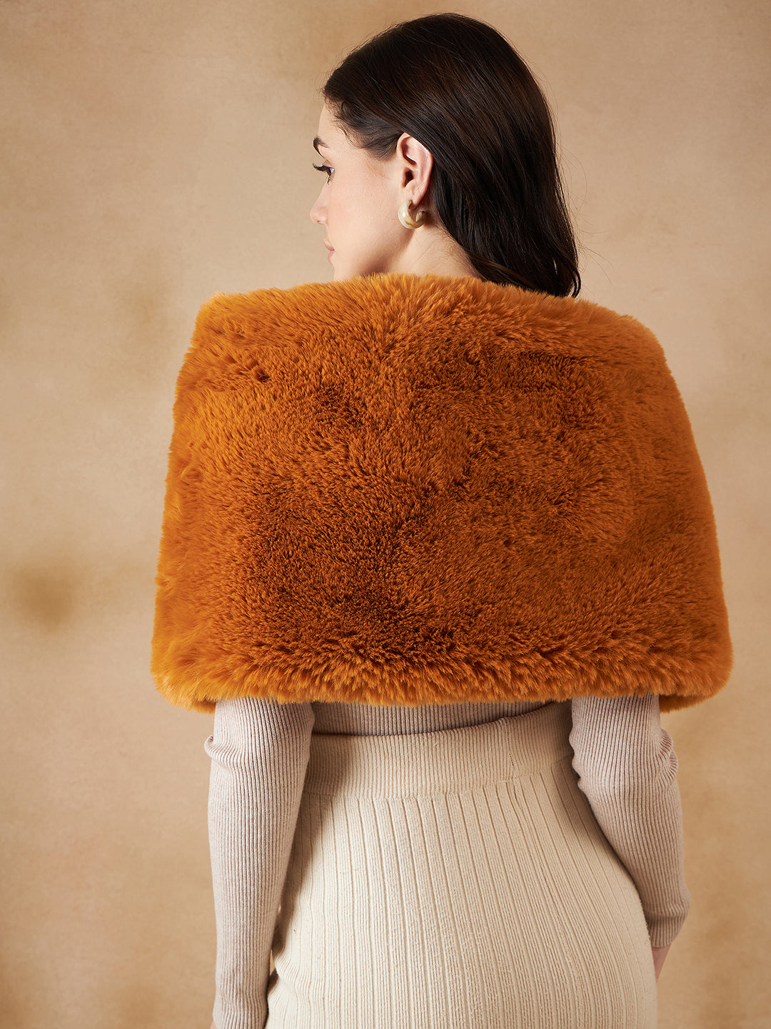 InWeave Women's Carrot Orange Long Faux Fur Cape
