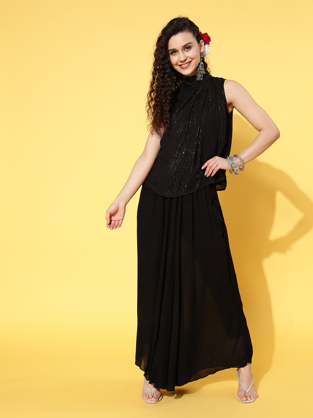 InWeave Women's Black Lurex Top With Flared Pallazo