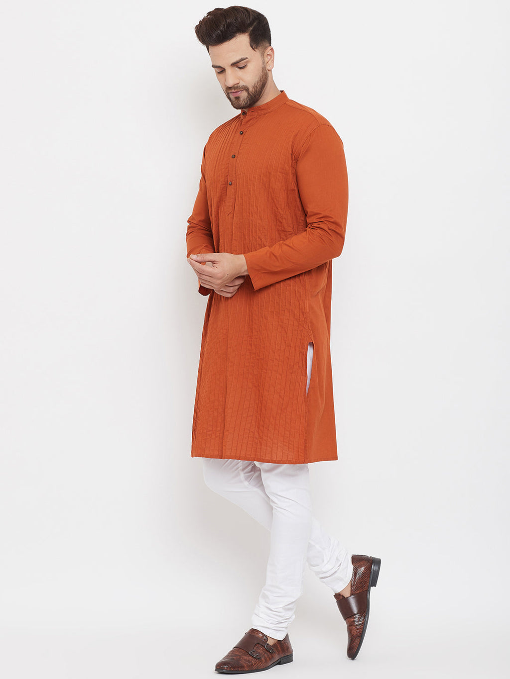 Even Apparels Rust Pure Cotton Kurta With Band Collar