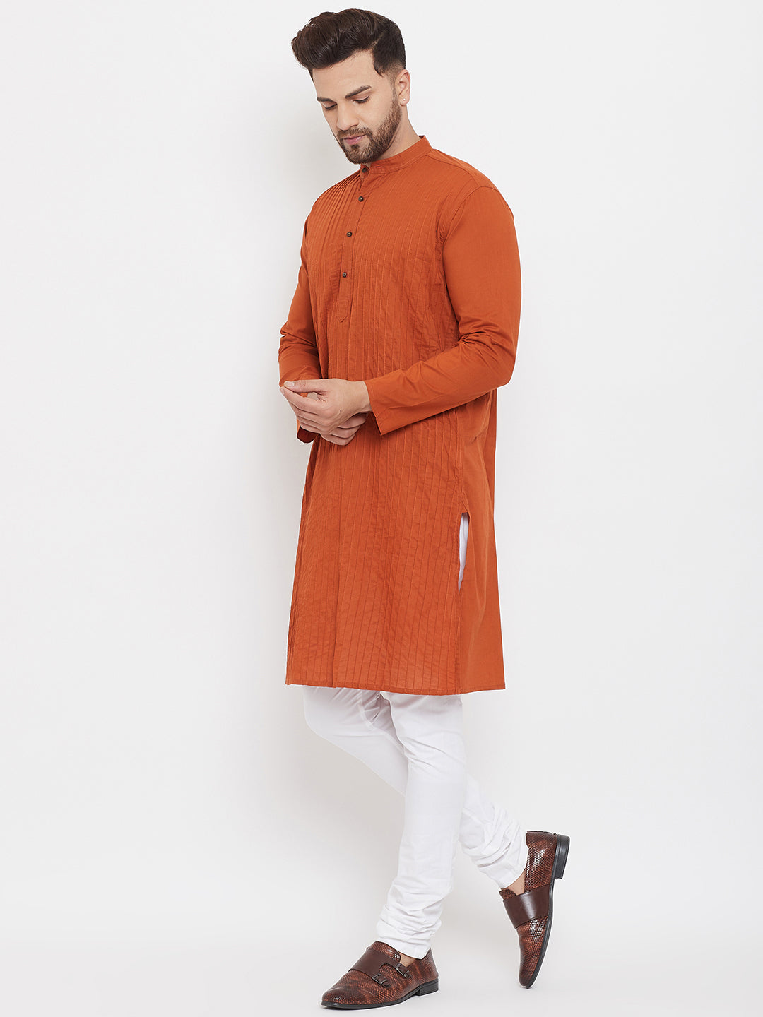 Even Apparels Rust Pure Cotton Kurta With Band Collar
